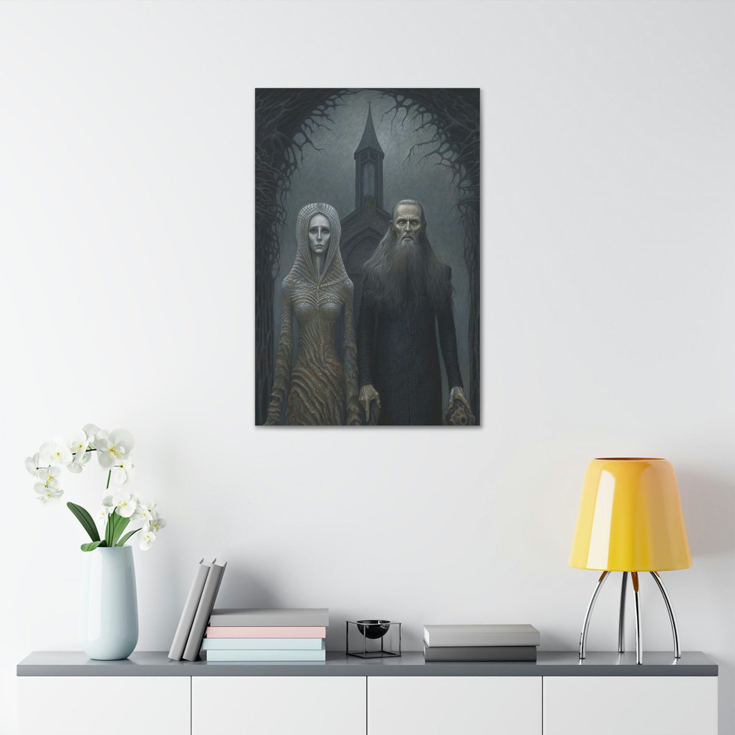 Unique wall art for college apartments or new homes | Gothic American Gothic: AI version of the classic masterpiece. A haunting gift.
