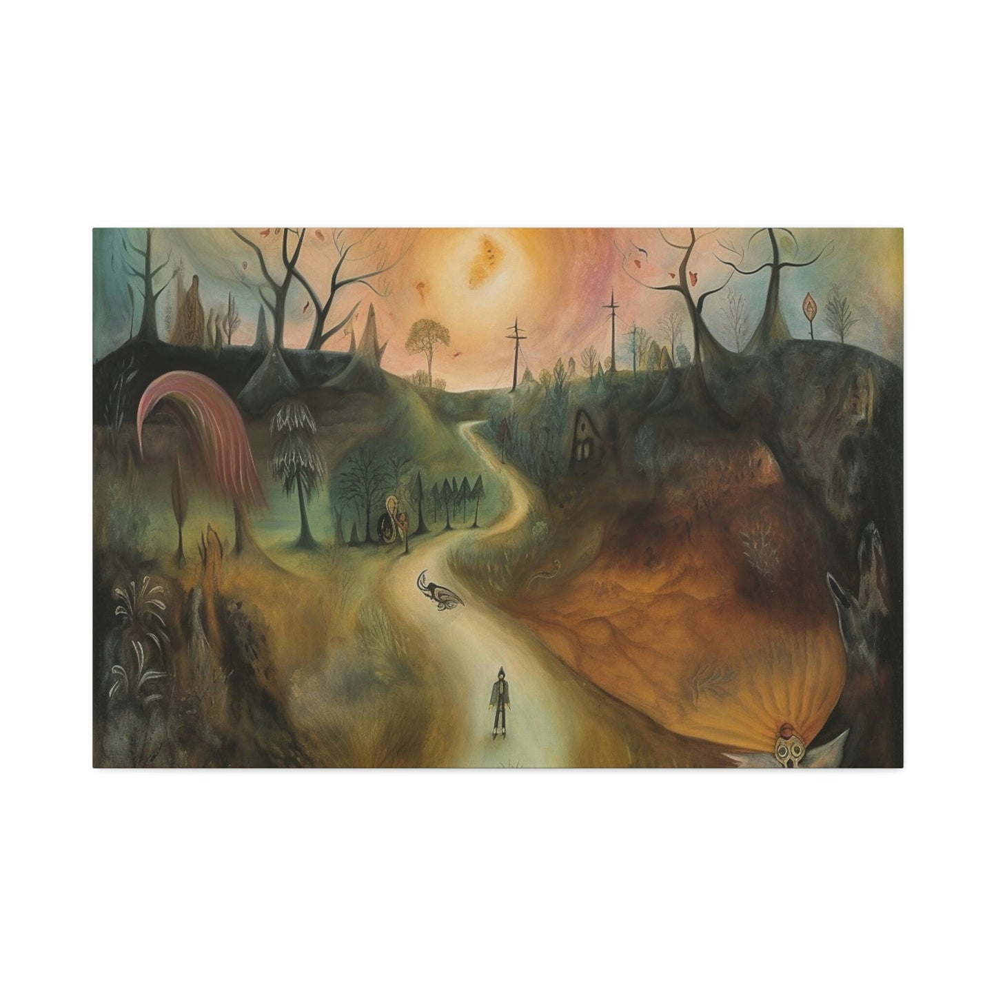 Sleep Paralysis Road: AI generated version of the a Surrealistic piece meant to be haunting and dreamy wall art. Ode to Leonora Carrington.