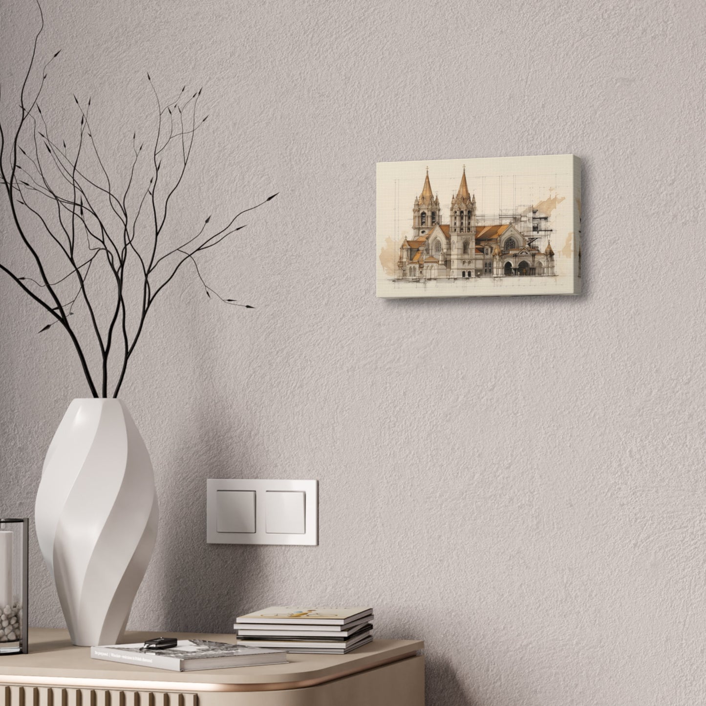 Unique wall art for college apartments or new homes | Architectural Drawing of a Church no.4 on weathered canvas | Ai Wall Art
