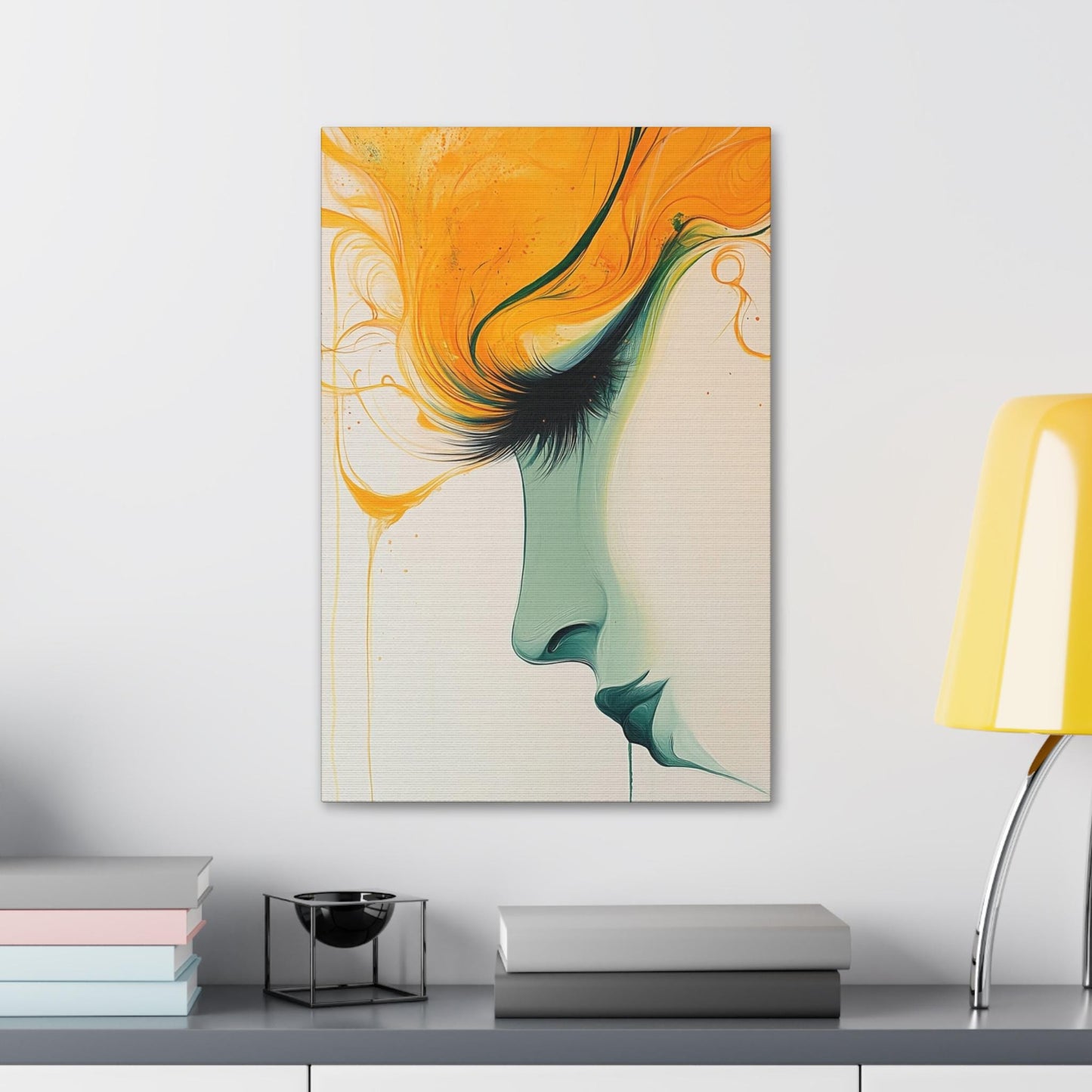 Canvas Stretched, Abstract Portrait Painting, Yellow Teal Wall Art, Modern Home Decor, Female Face Artwork, Large Canvas Print