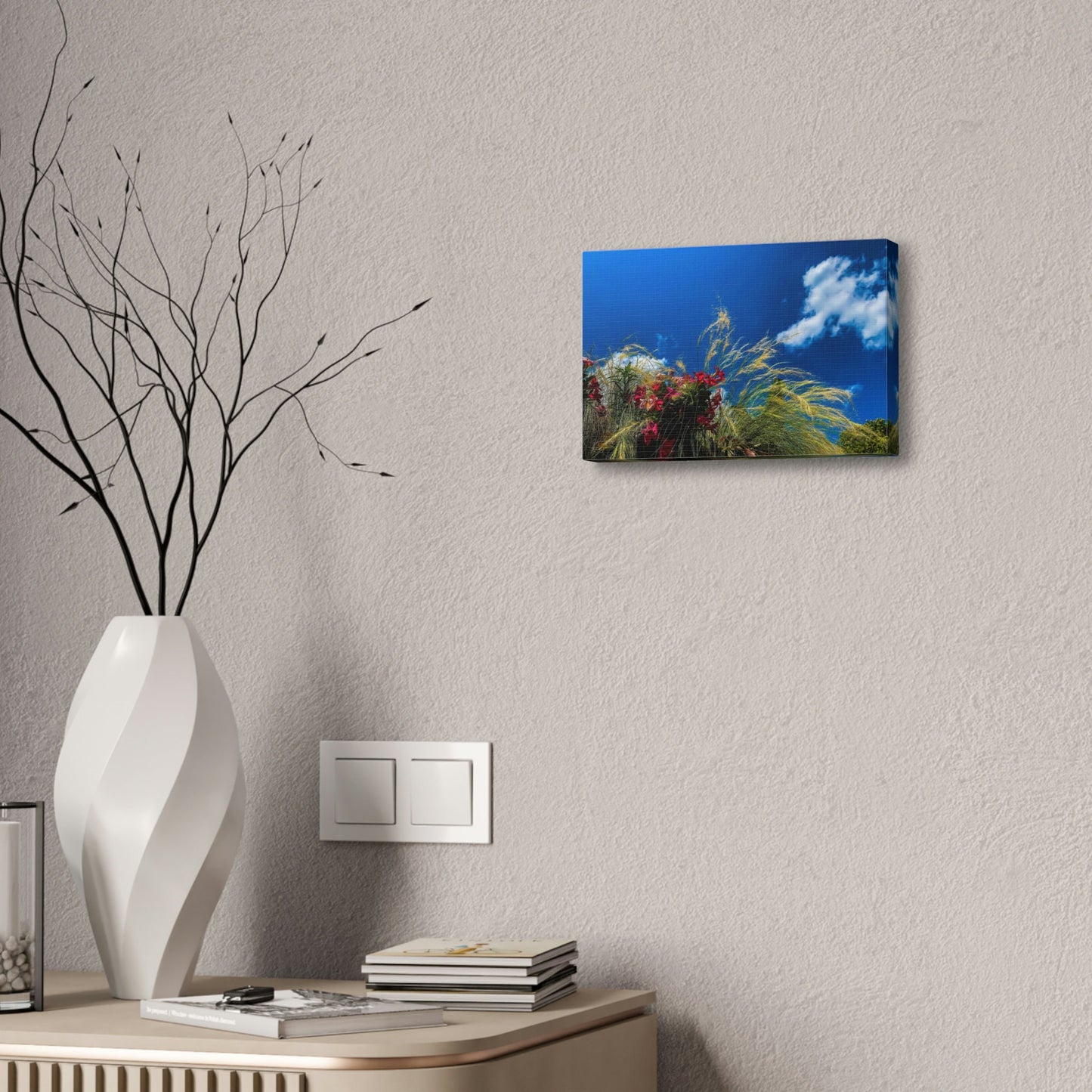 Red Flowers, Green Grass, White Clouds, and a brilliant Blue Sky: Brightly colored photograph print.