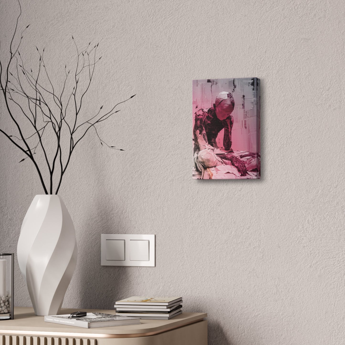 Unique Wall Art for your Home, Apartment, Dorm Room. Pink Gradient Paper Mache Boy. X-cross Applesauce. Somber. Though Provoking Art.