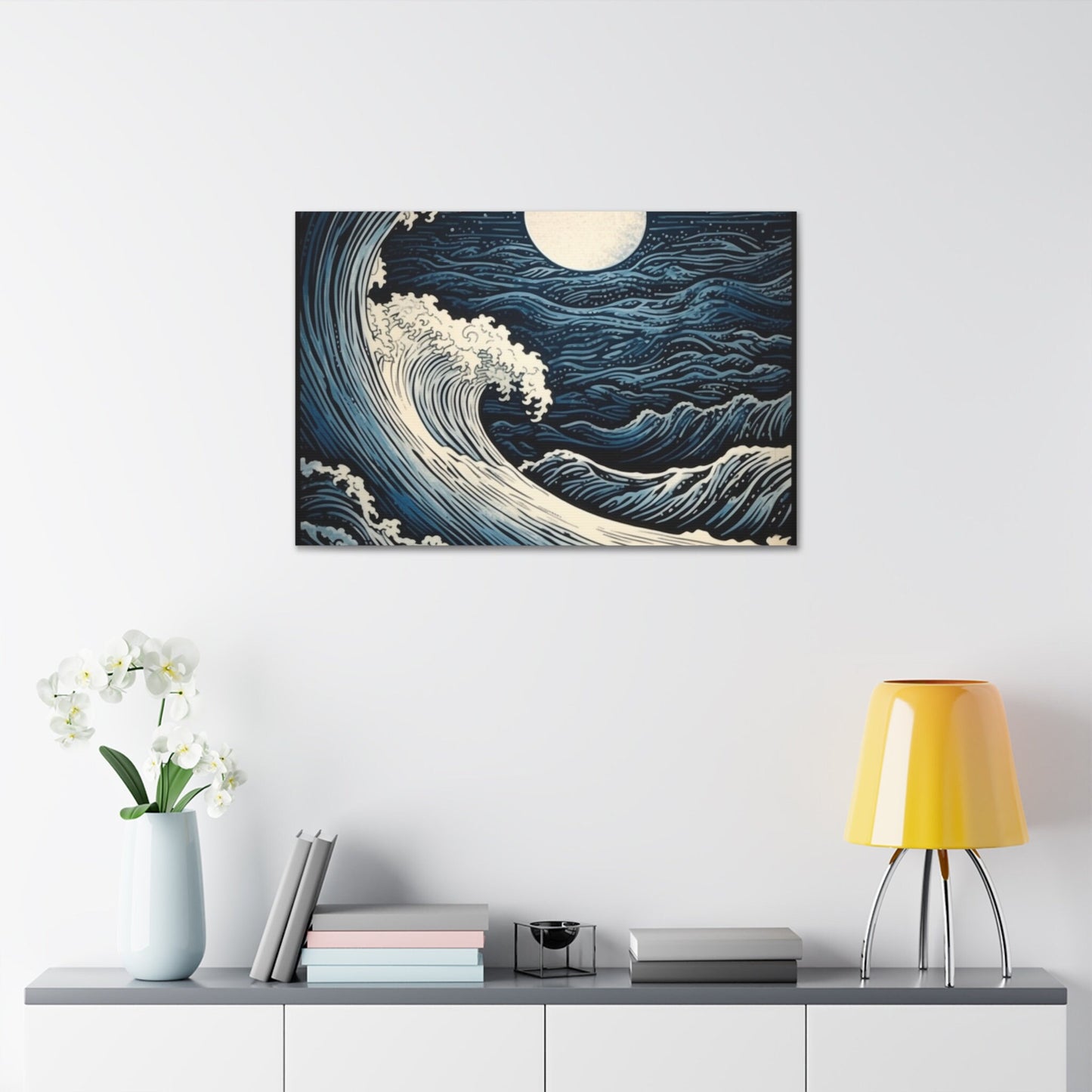 Unique wall art for college apartments or new homes | Navy Blue & White Ocean Wave Etching Print | Ai Wall Art for Personal Room or Office