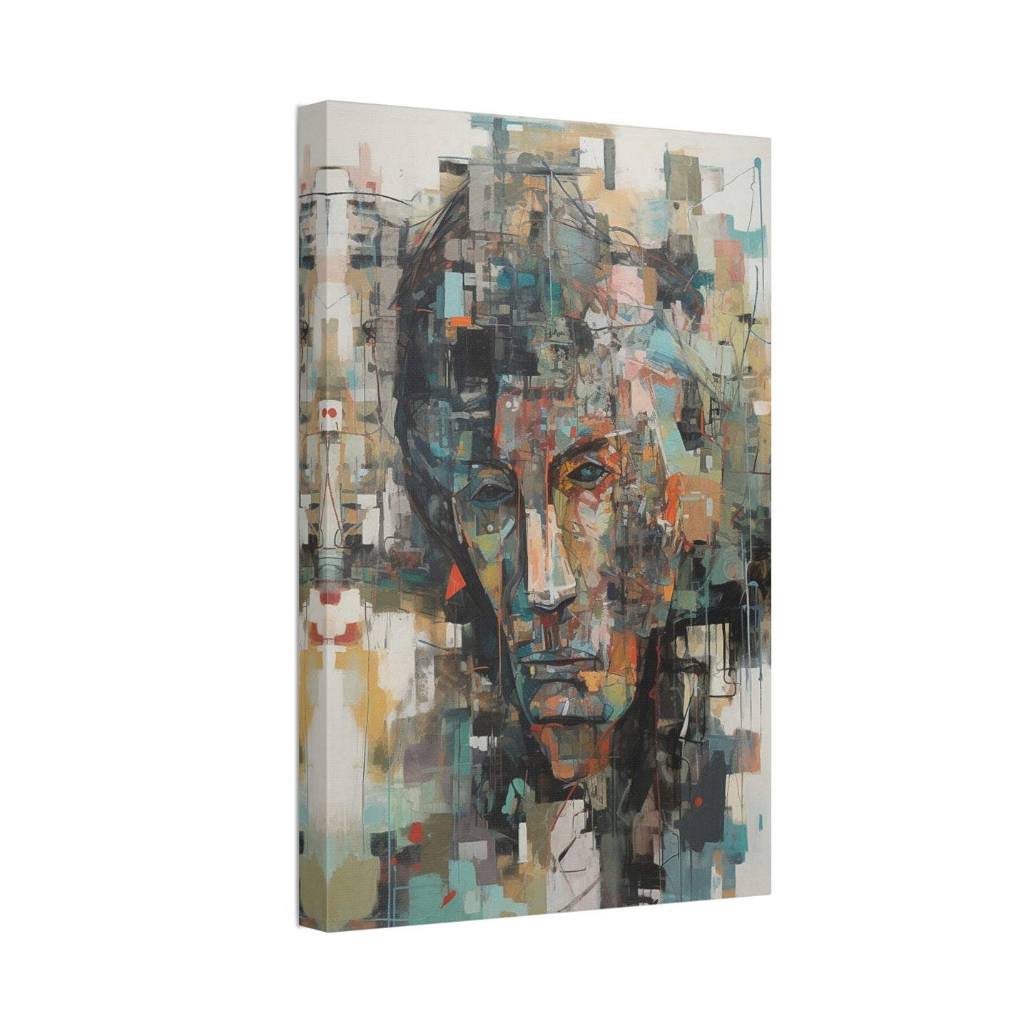 Sorrow of Desires. Ai Wall Art Abstract painting print of a sullen man. Brightly colored with teal, red, and orange on a beige background.