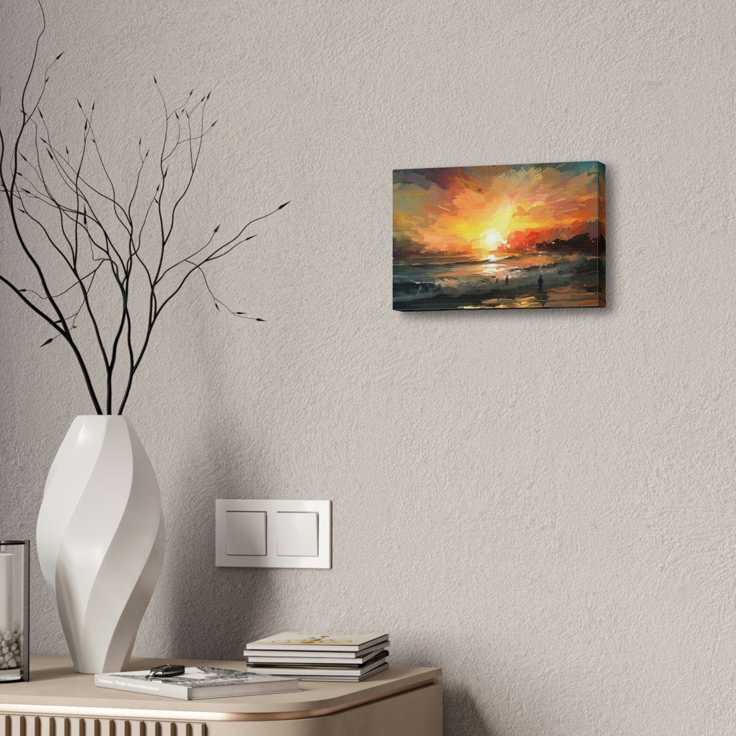 Unique wall art for college apartments or new homes | The Sky is on FIRE, Let's Surf!. Ai Art of a fiery sunset over the ocean.