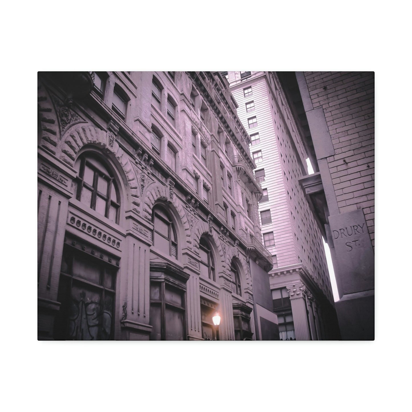 Lilac Universe of Drury Street. Slightly altered photograph of a Philadelphia street. Hints of purple and orange with a tilted perspective.