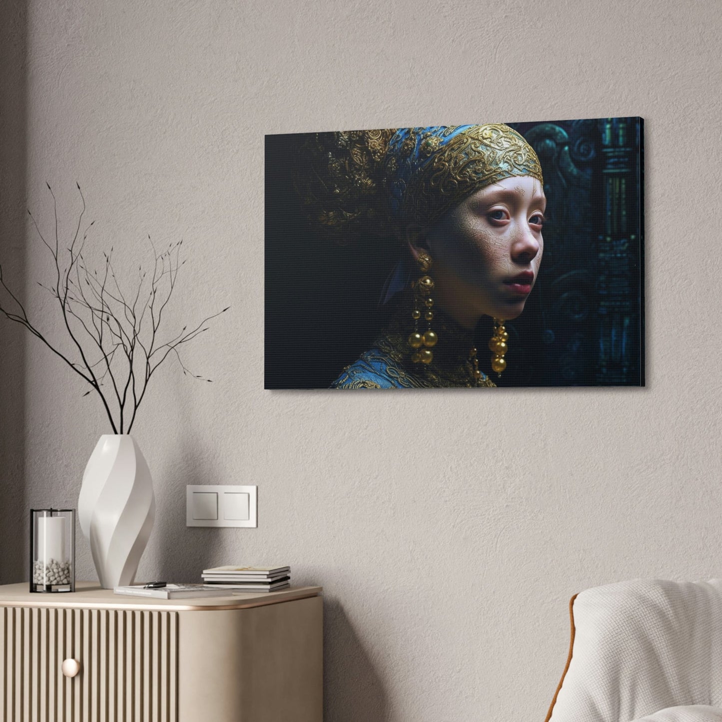 Reimagined Photorealistic Ai Wall Art version of the Vermeer masterpiece, Girl with a Pearl Earring. Alternative POV with an alien twist.
