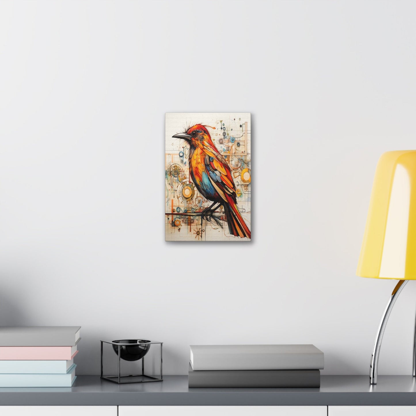 Unique College Dorm or New Apartment Wall Art | Abstract print of a Red, Orange, and Teal Bird. Ai generated digital painting.