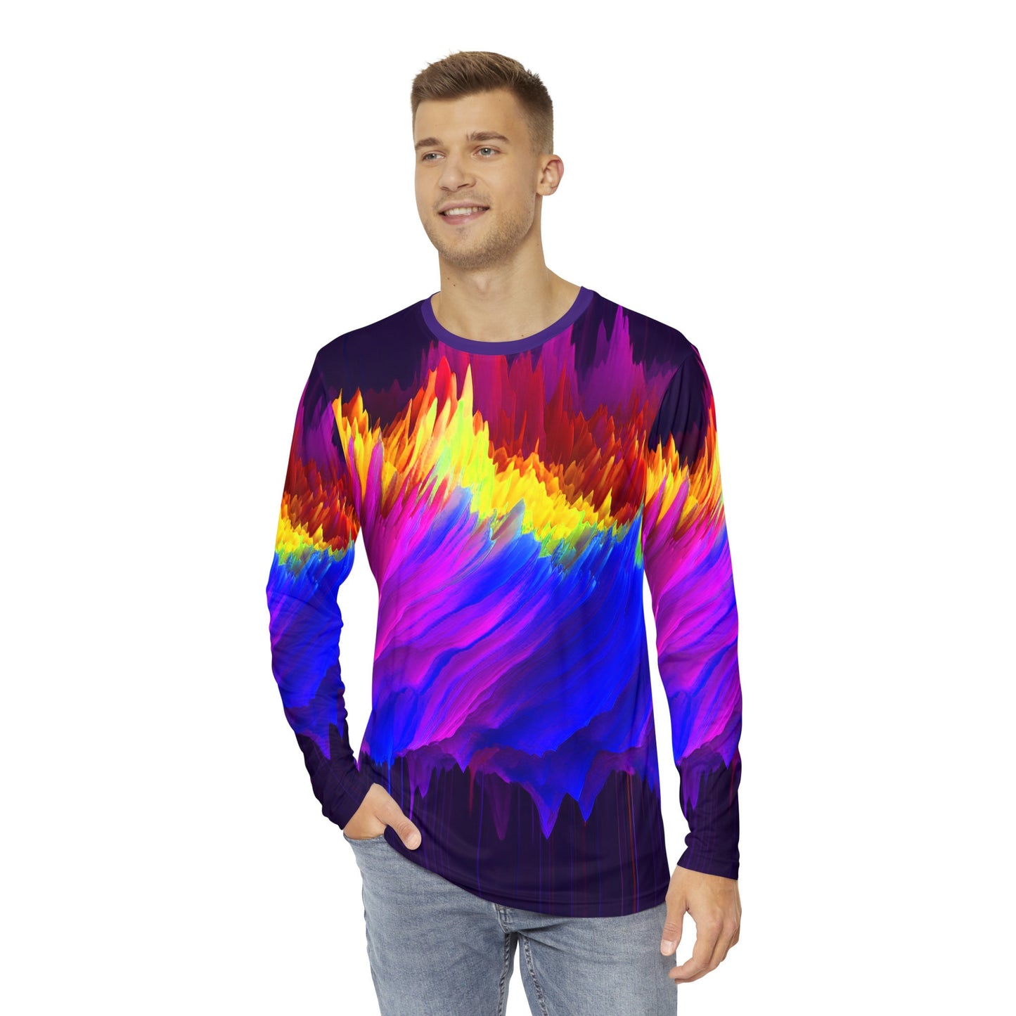 Perfect Party Guy gift. Bright and Uniquely designed Men's Long Sleeve Shirt. Sure to make you stand out in a crowd. Sweet pixel drift art.