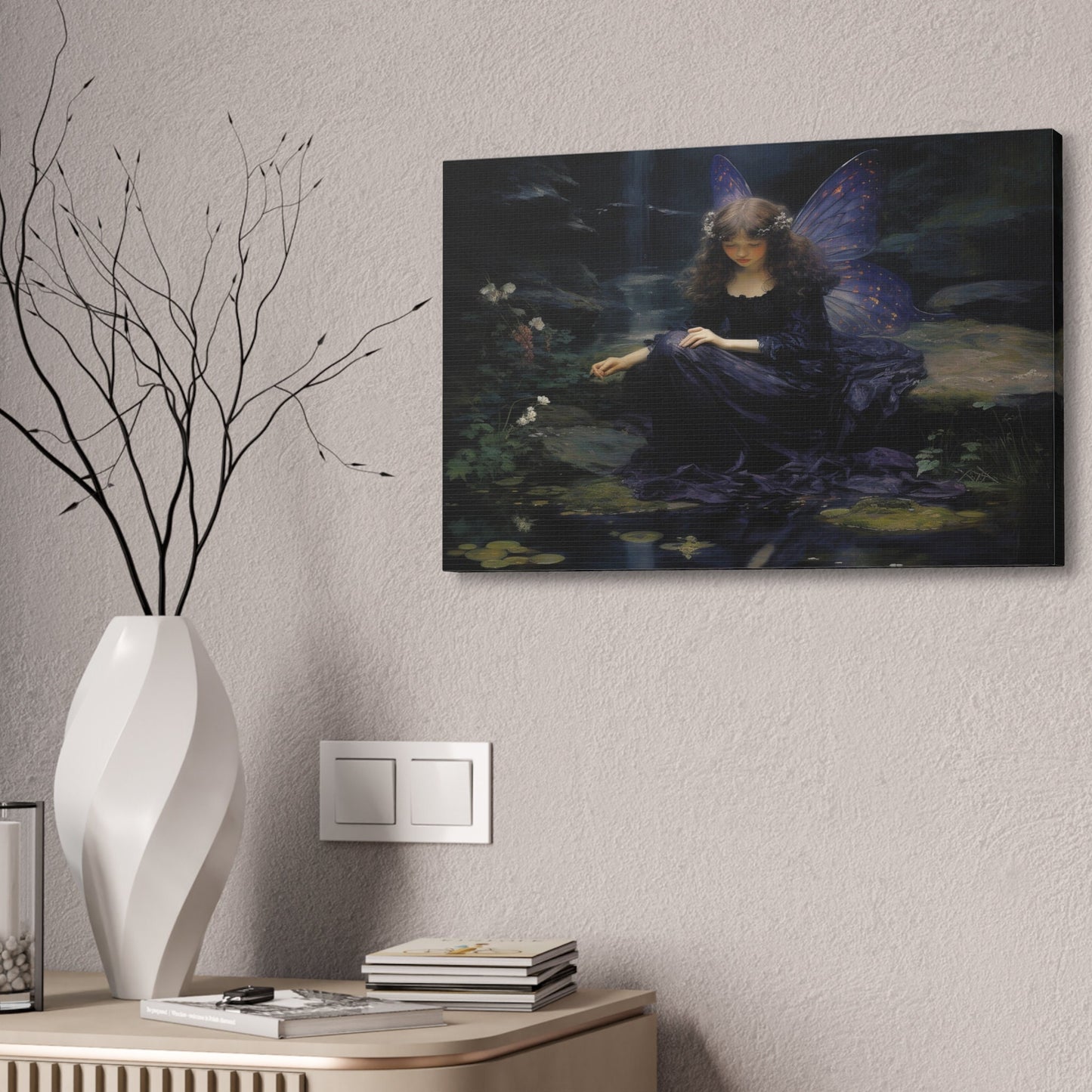 Unique wall art for college apartments  and new homes | Purple Fairy Contemplation by a Forest Stream | Ai Wall Art