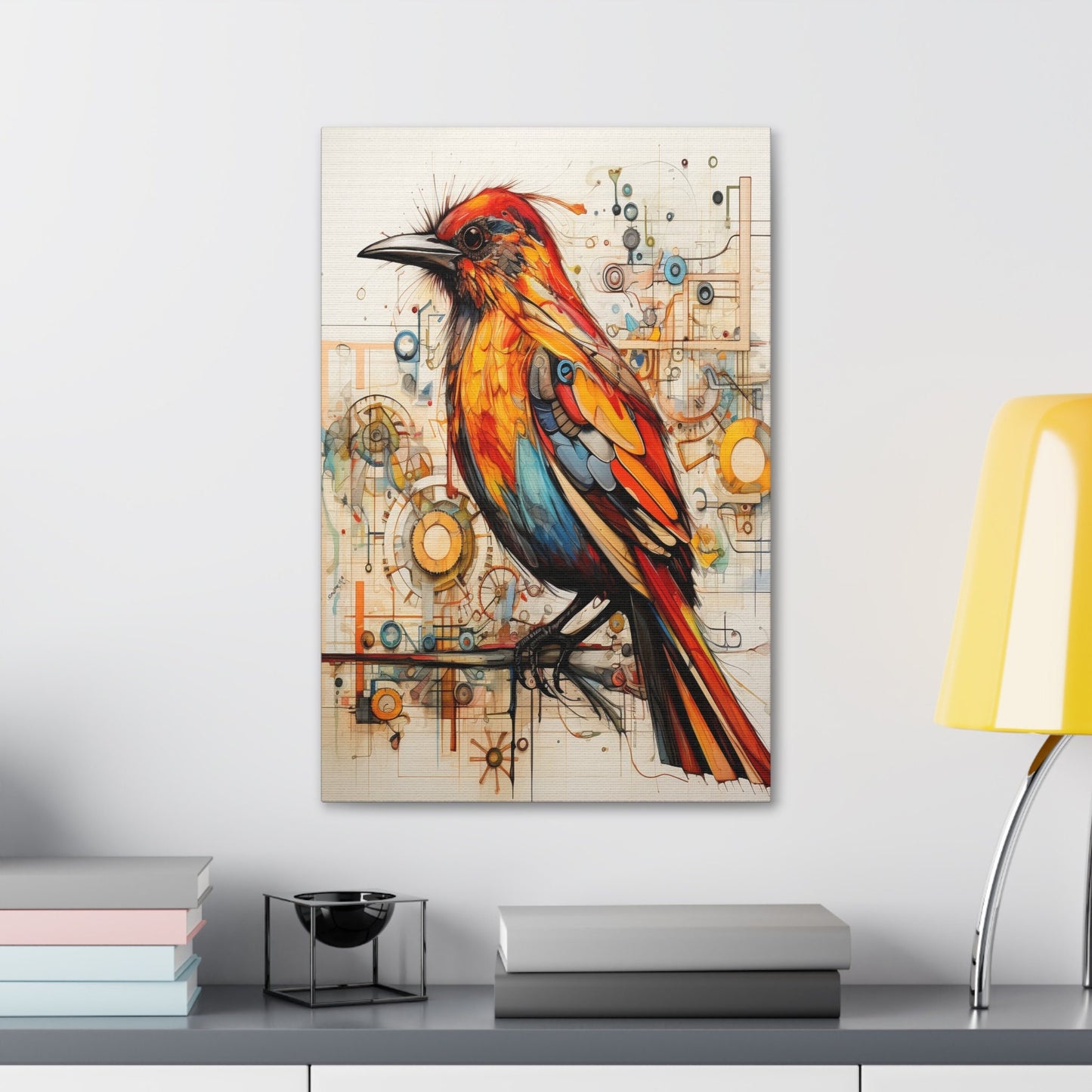 Unique College Dorm or New Apartment Wall Art | Abstract print of a Red, Orange, and Teal Bird. Ai generated digital painting.