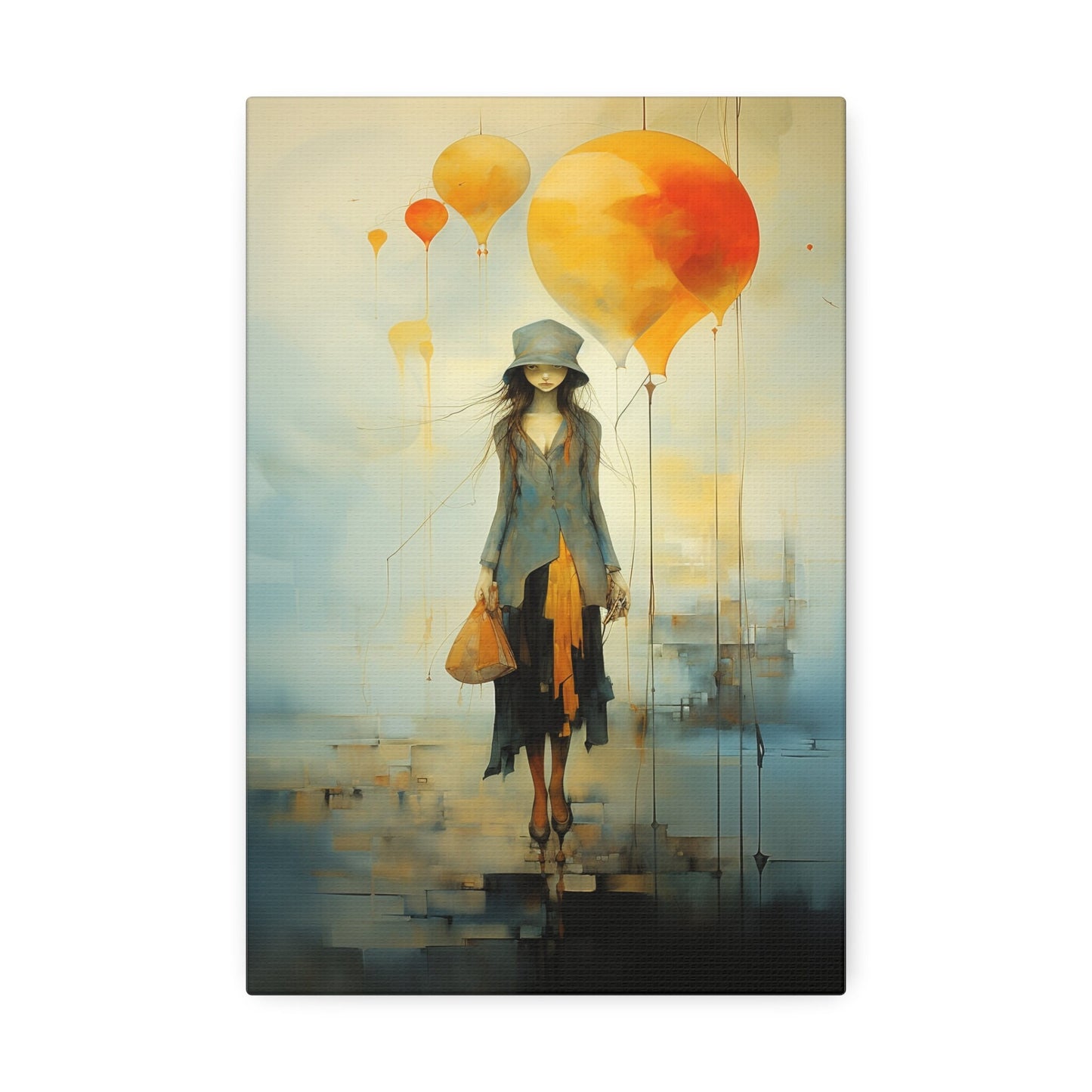 Elegant Girl with Balloons Wall Art | Whimsical and Surreal Canvas Print for Home Decor or college dorm room. Imperfect and Beautiful piece.