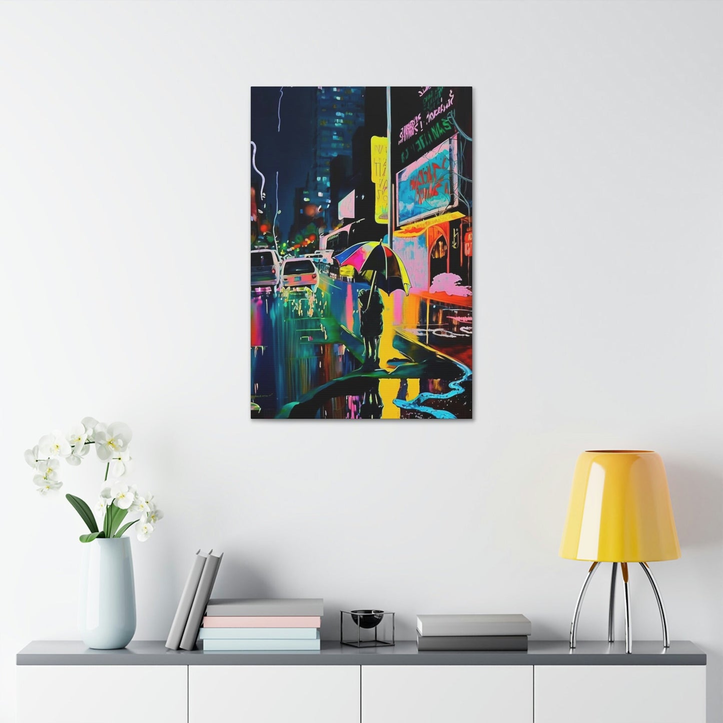 Neon city street scene. Brightly colored Ai Wall Art resembling an impressionistic painting similar to Japanese city art.