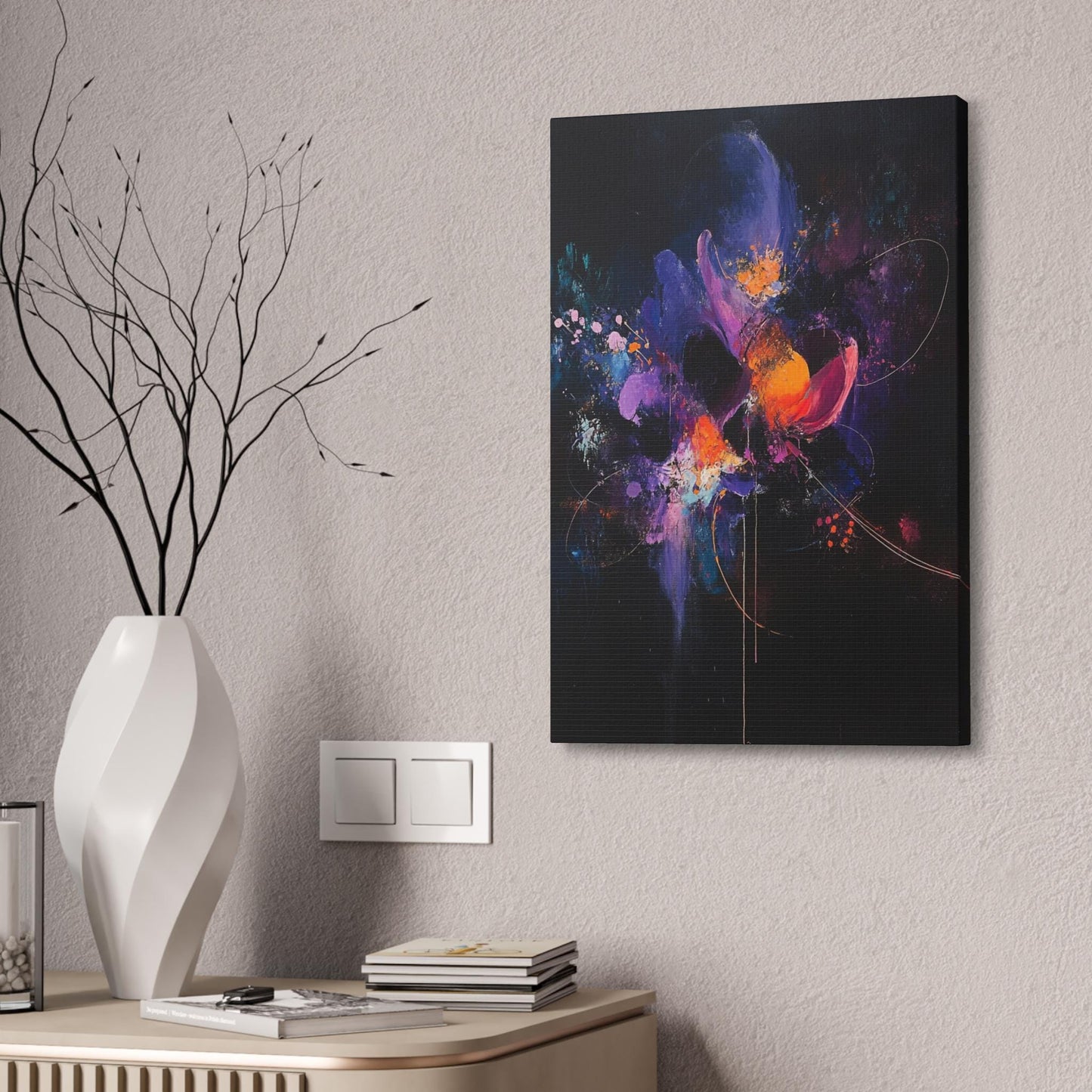 Canvas Stretched, Abstract Painting Purple Red Blue Orange Flower Print, Wall Art Decor, Home Office Decor, Floral Art Gift, Flower Painting