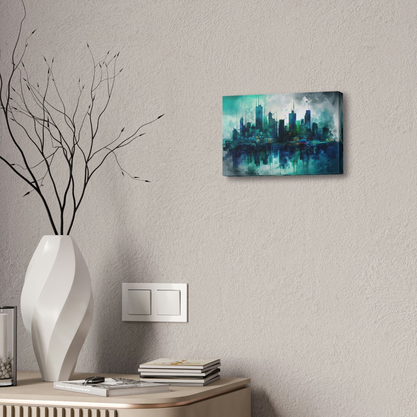 Unique wall art for college apartments or new homes | Greens and Blues of a reflected Waterfront Skyline: Ai Wall Art