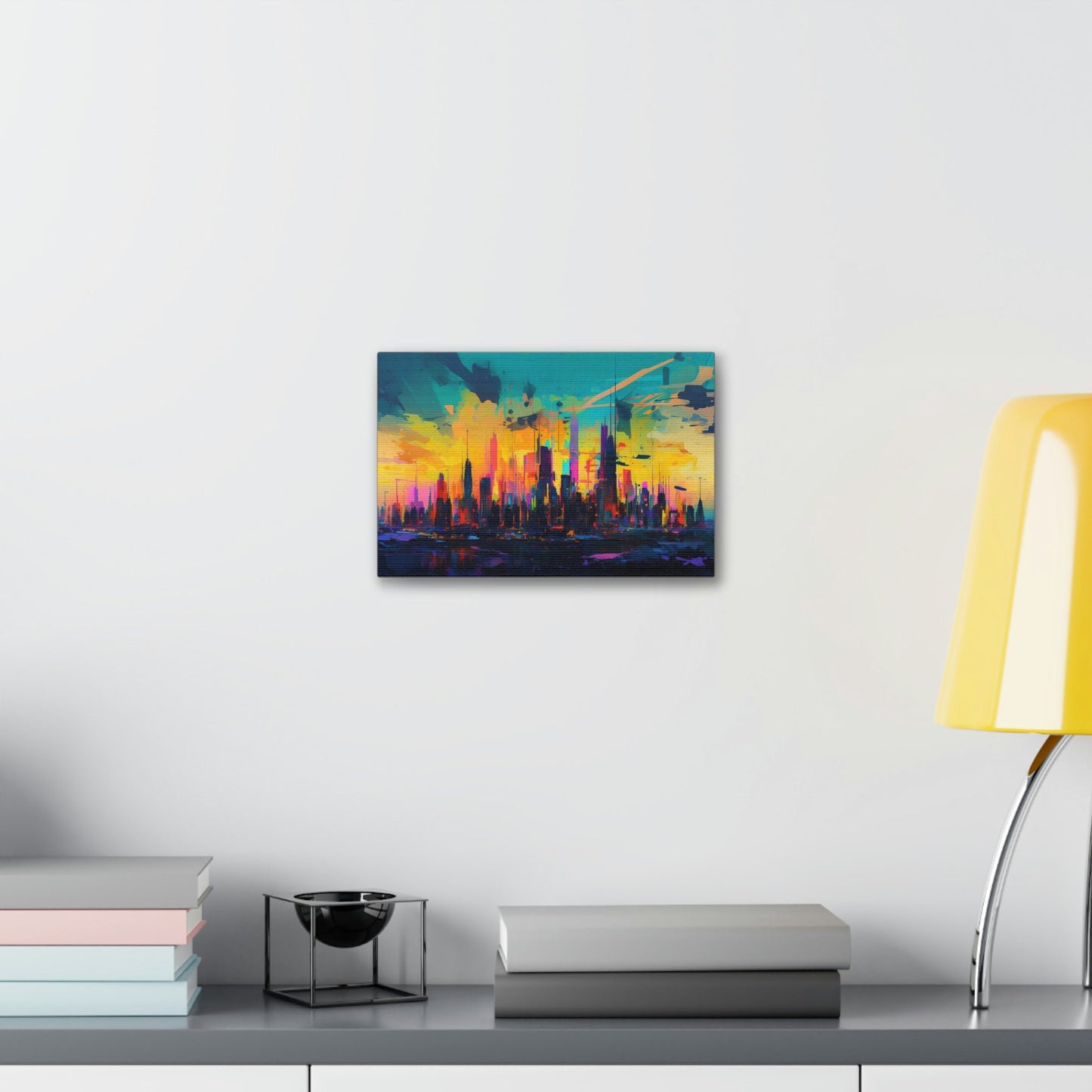 City skyline with a backdrop of bright neon colors exploding from a sunset. This impressionist style Ai Wall Art print makes an impact.