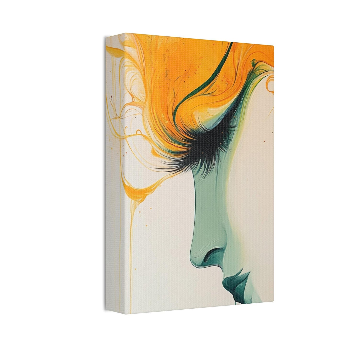 Canvas Stretched, Abstract Portrait Painting, Yellow Teal Wall Art, Modern Home Decor, Female Face Artwork, Large Canvas Print