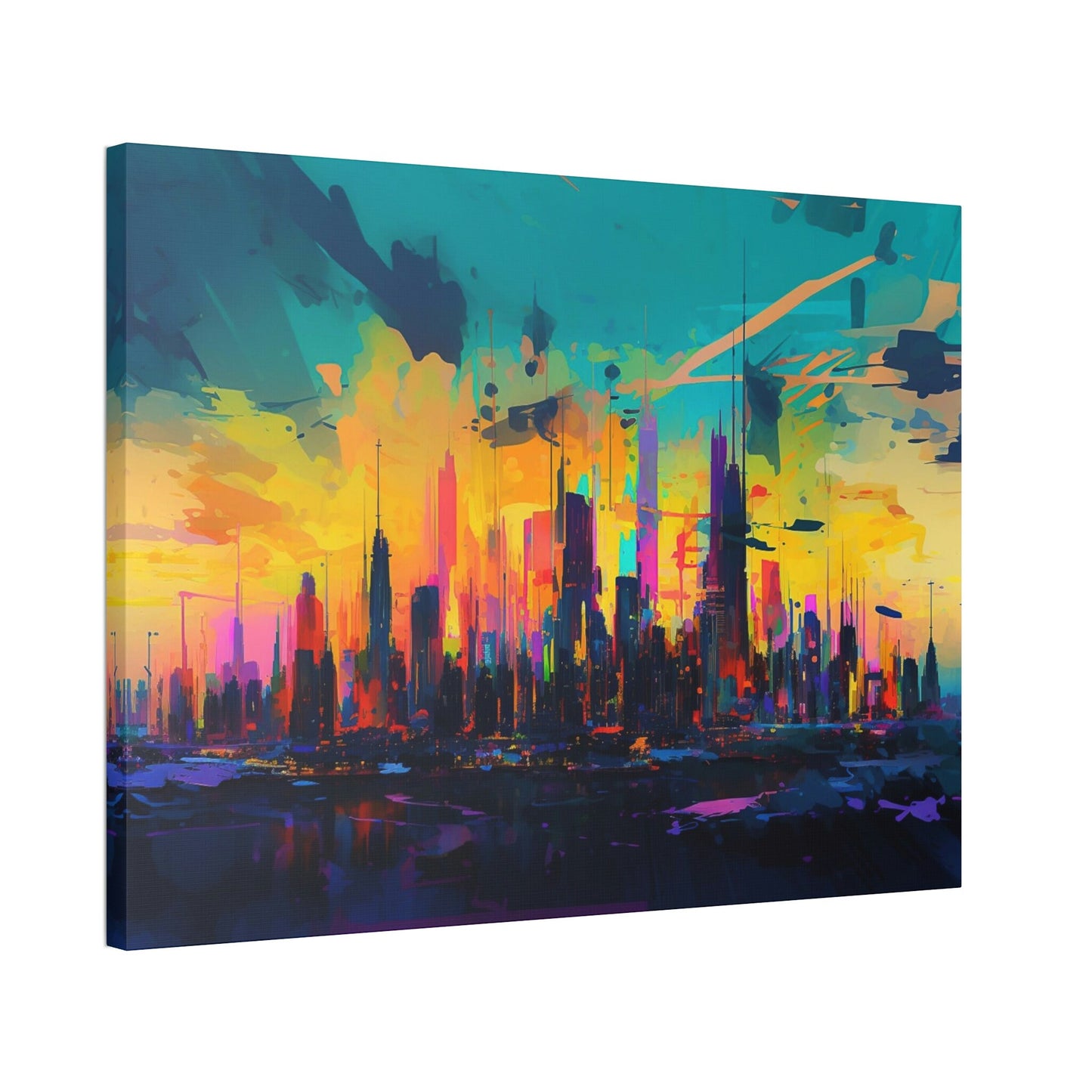 City skyline with a backdrop of bright neon colors exploding from a sunset. This impressionist style Ai Wall Art print makes an impact.