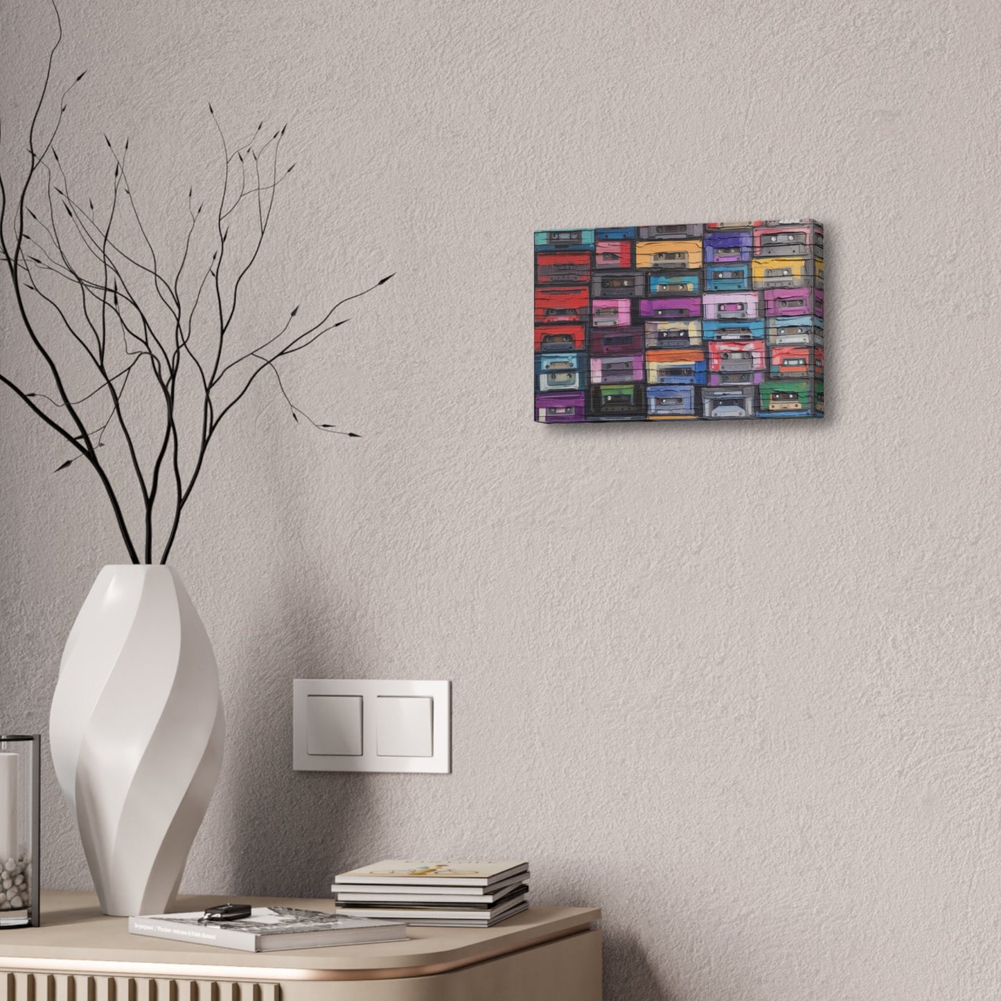 Unique College Dorm or New Apartment Wall Art | Print of textured painting of tapes, cassettes, 80's music. Ai generated.