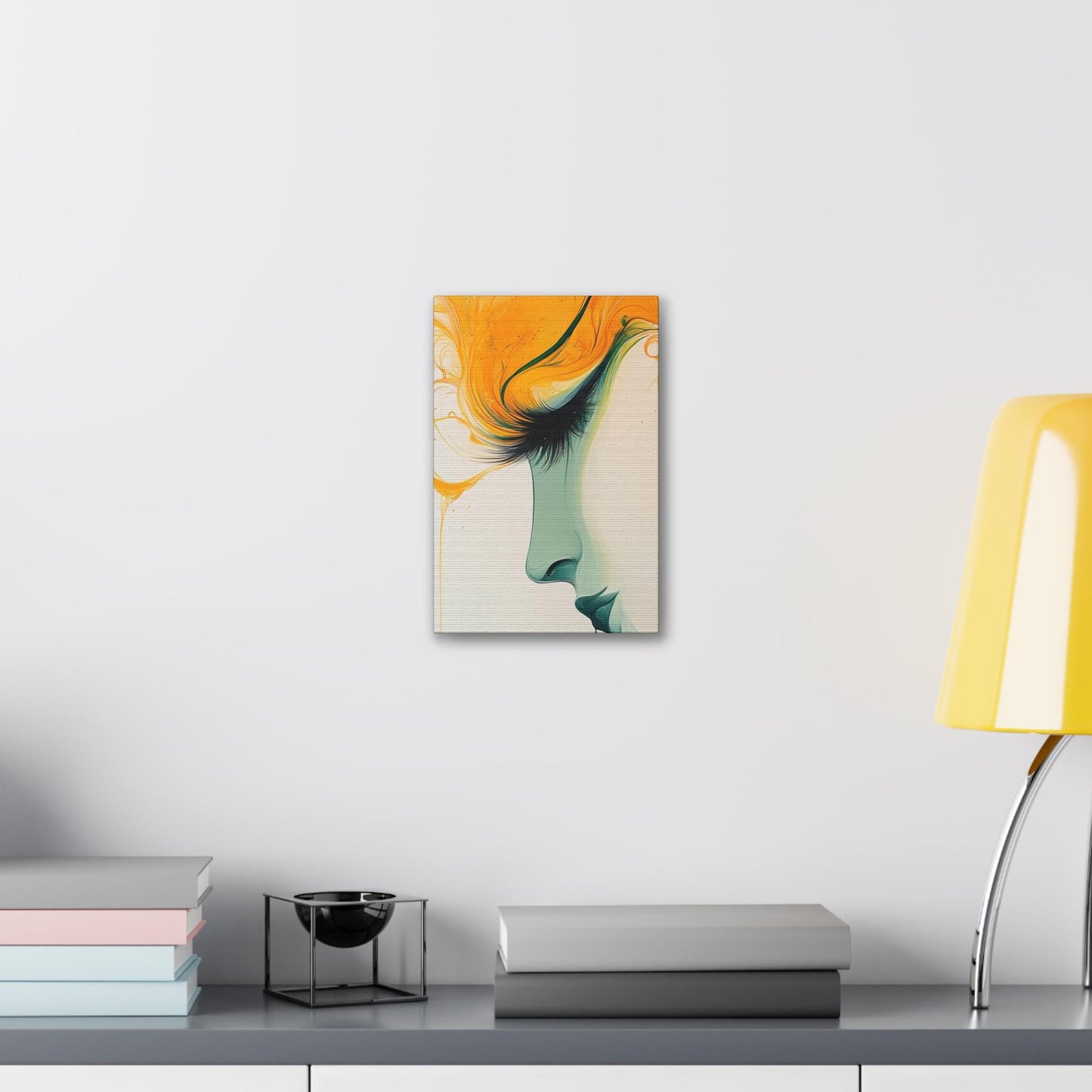 Canvas Stretched, Abstract Portrait Painting, Yellow Teal Wall Art, Modern Home Decor, Female Face Artwork, Large Canvas Print