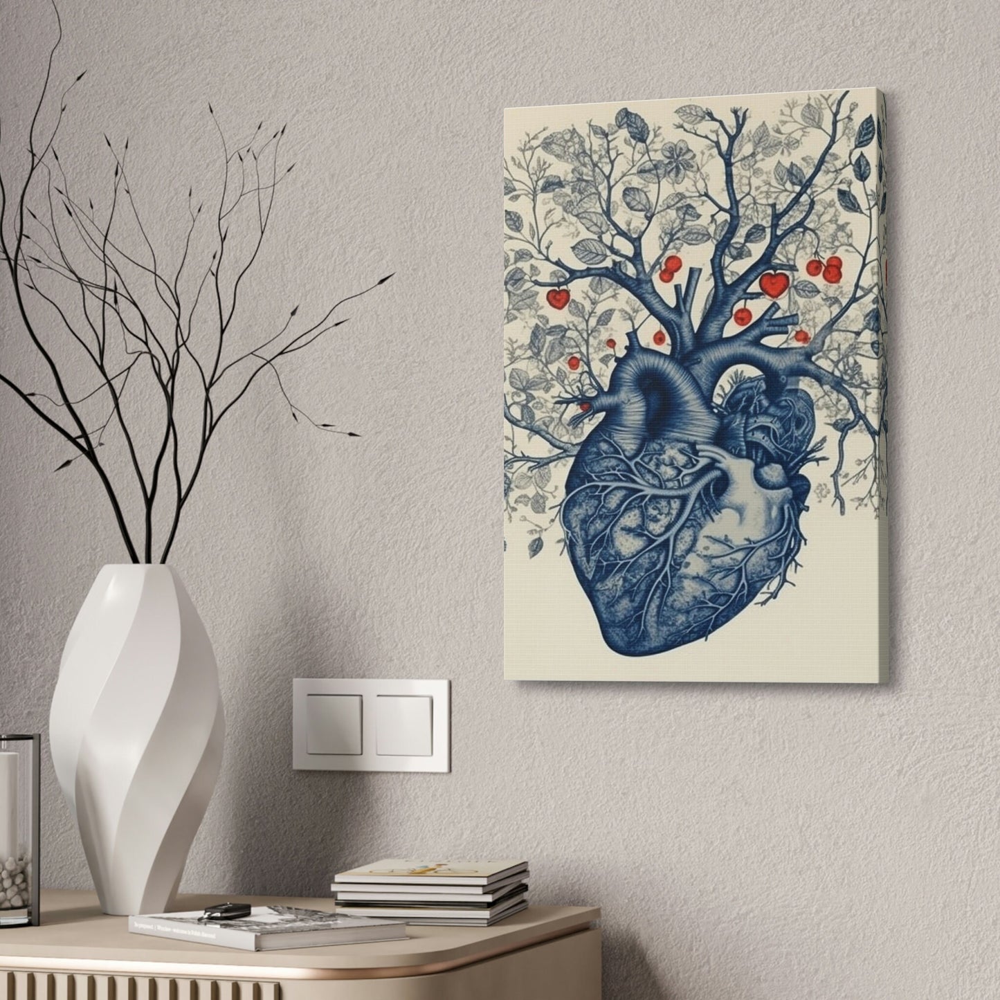 The Heart is the Root of Happiness. Ai Wall Art of an anatomical heart sprouting a tree with blooms. In Style of anatomical ink drawing.