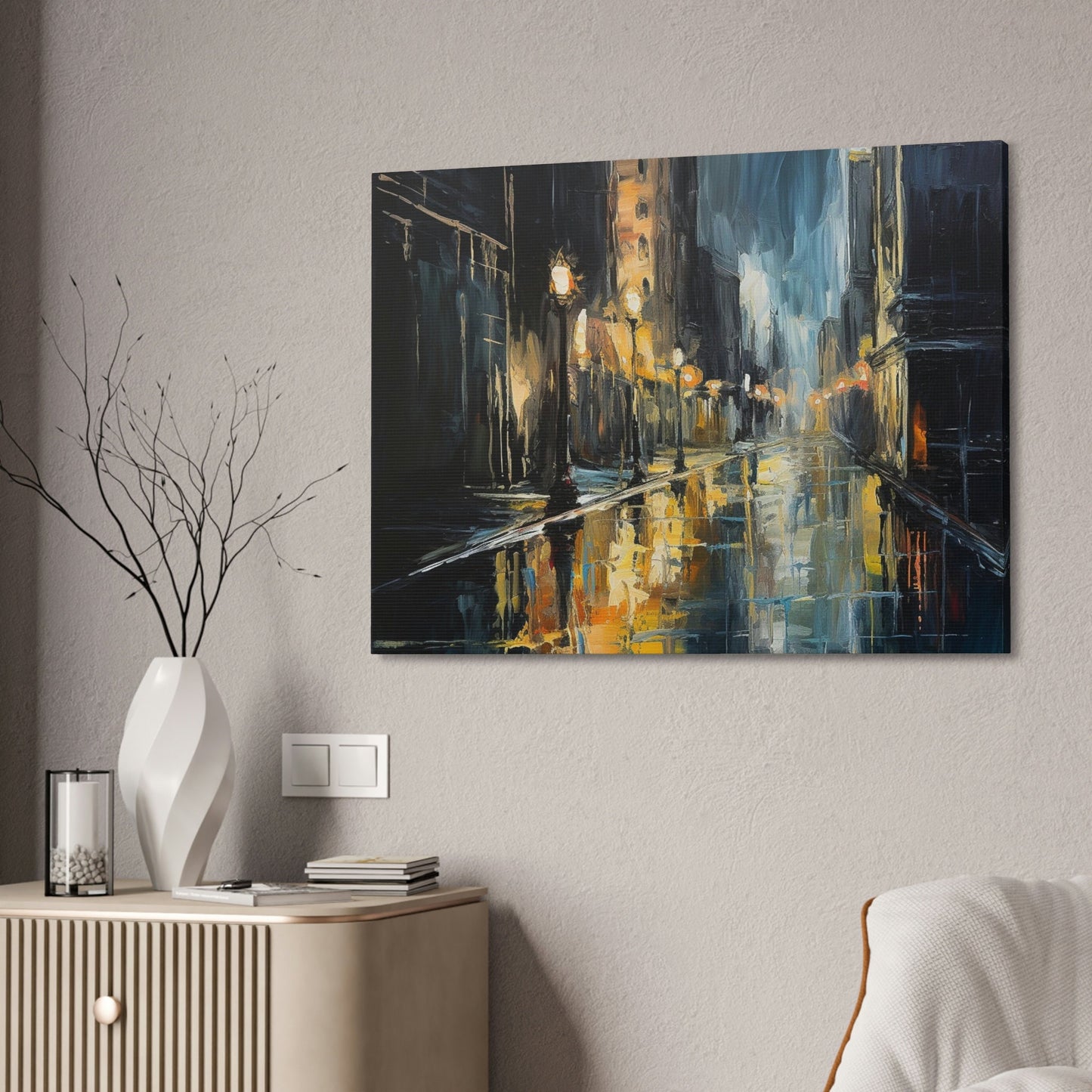 Impressionistic style Ai Wall Art. Sodden City, shows a dark and wet street scene bursting with reflections and soaked to the bone.