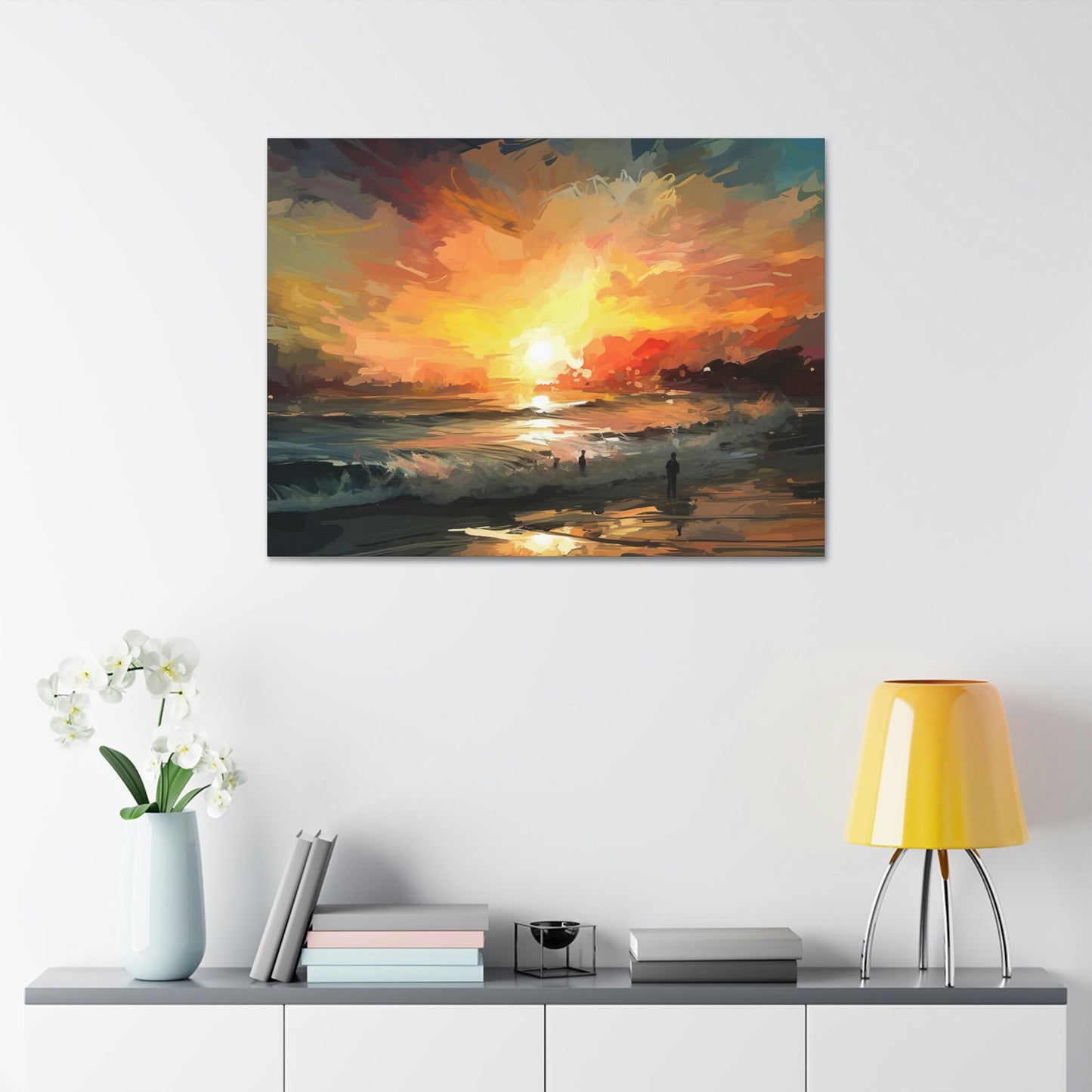Unique wall art for college apartments or new homes | The Sky is on FIRE, Let's Surf!. Ai Art of a fiery sunset over the ocean.