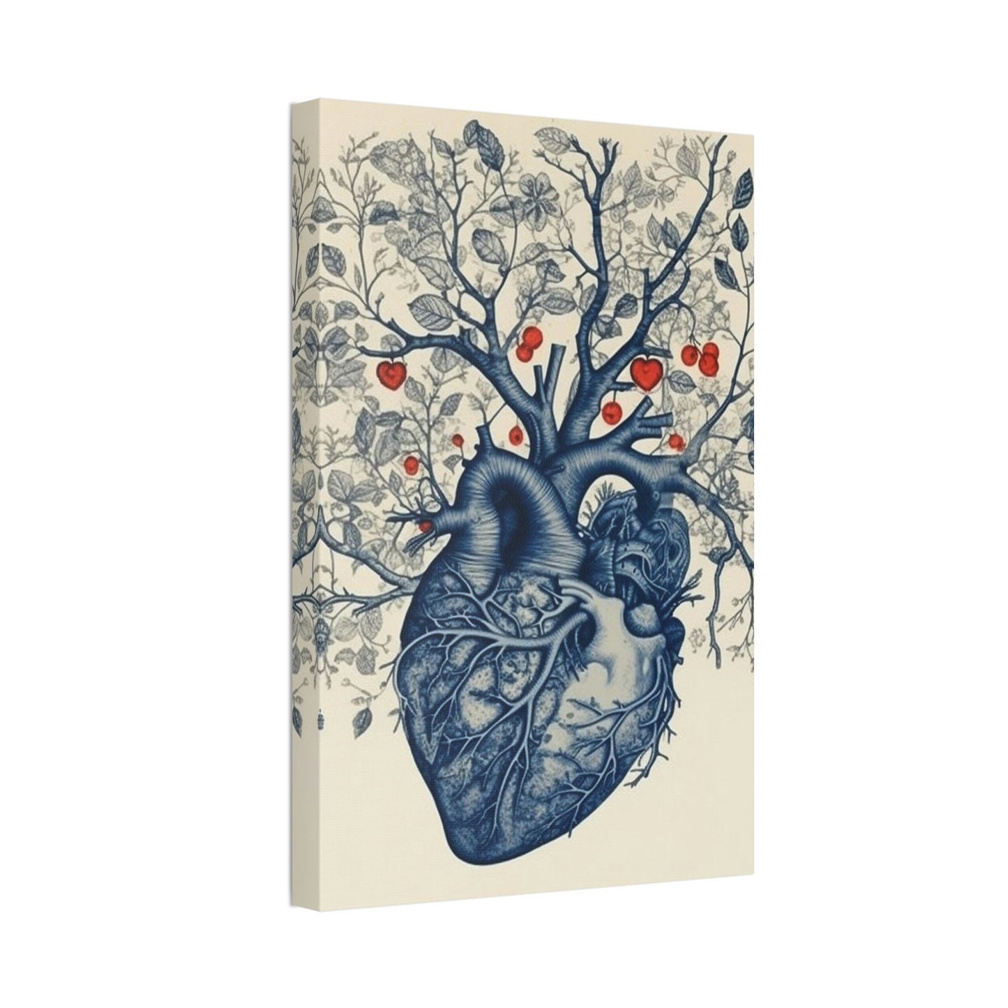 The Heart is the Root of Happiness. Ai Wall Art of an anatomical heart sprouting a tree with blooms. In Style of anatomical ink drawing.