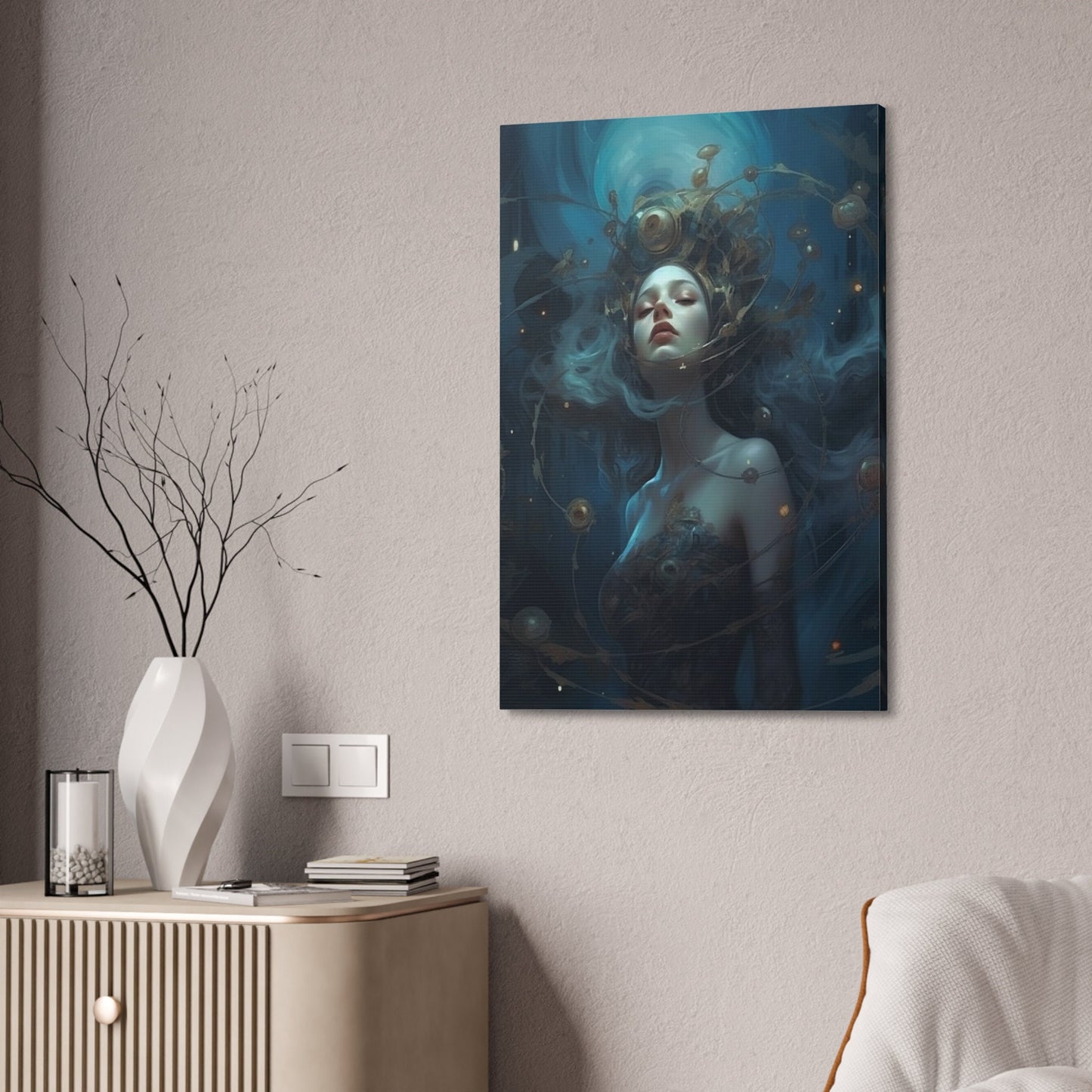Unique College Dorm or New Apartment Wall Art | Dreamy picture of a girl who is one with the universe. Ai generated digital painting.