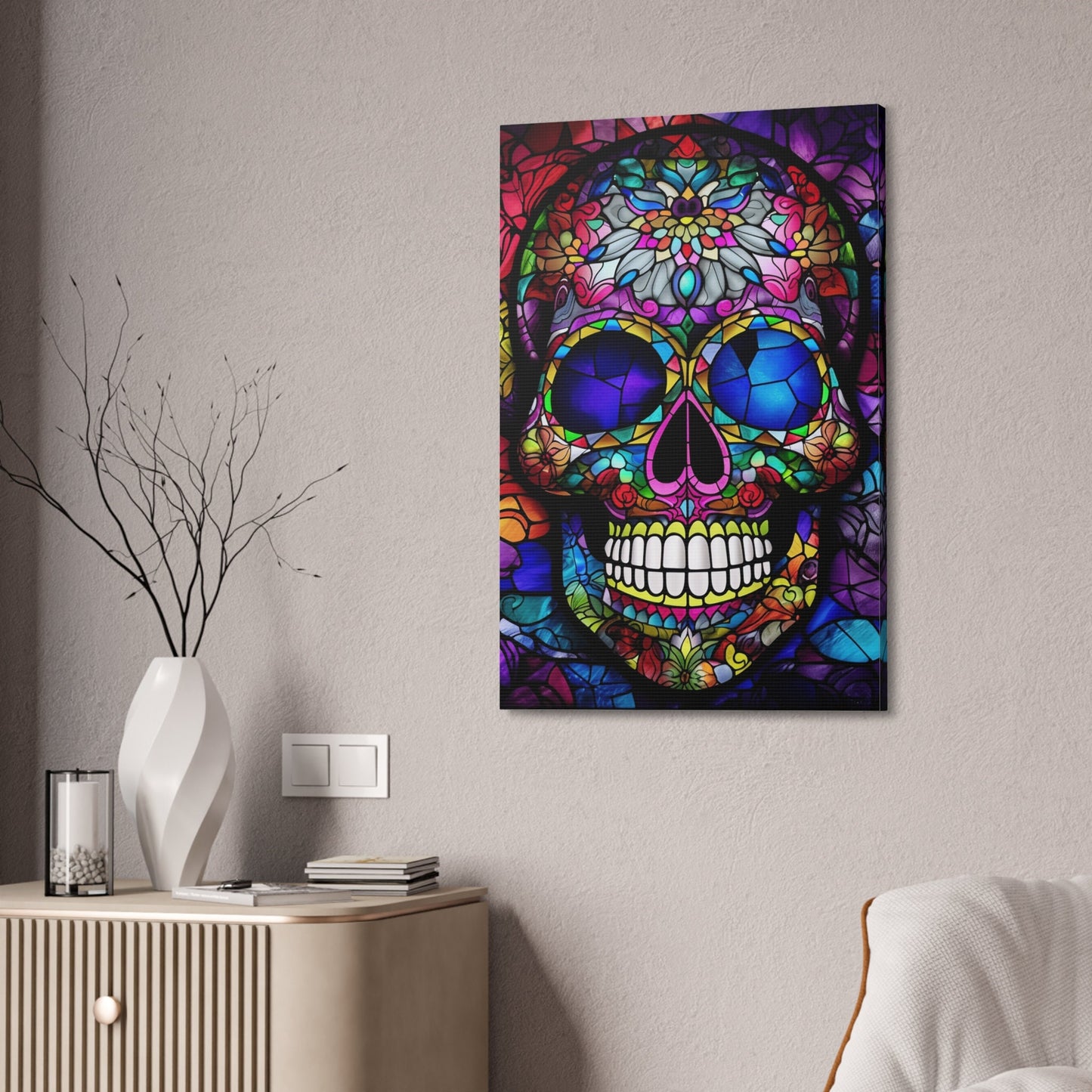 Vibrant Stained Glass Mexican Sugar Skull Print. Unique Wall Art for your Home, Apartment, Dorm Room. Folk Art Inspired Home Decor.