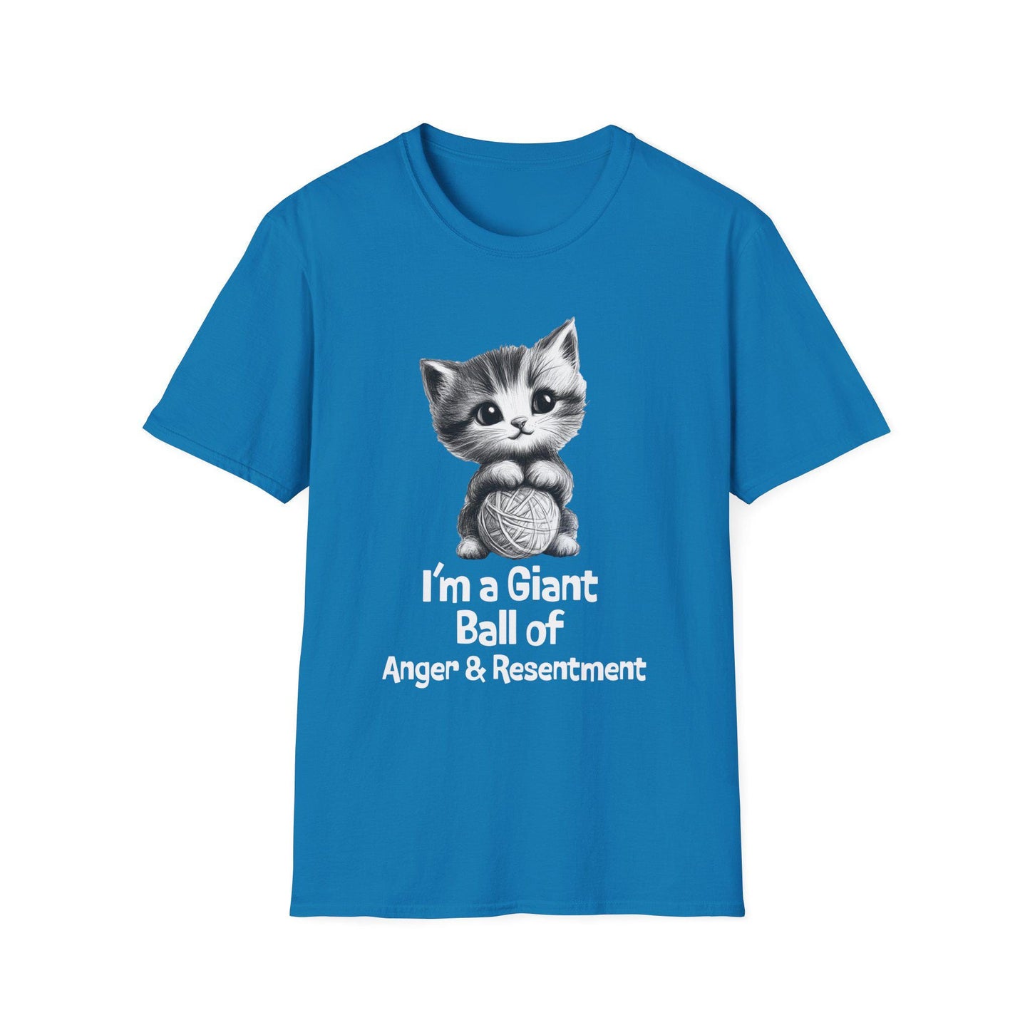 Funny Cat Tshirt - Unisex Softstyle Tee with 'I'm a giant ball of anger and resentment' - Cute Kitty Graphic, Cat Lover Gift, Sarcastic Tee,