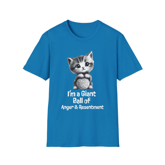 Funny Cat Tshirt - Unisex Softstyle Tee with 'I'm a giant ball of anger and resentment' - Cute Kitty Graphic, Cat Lover Gift, Sarcastic Tee,