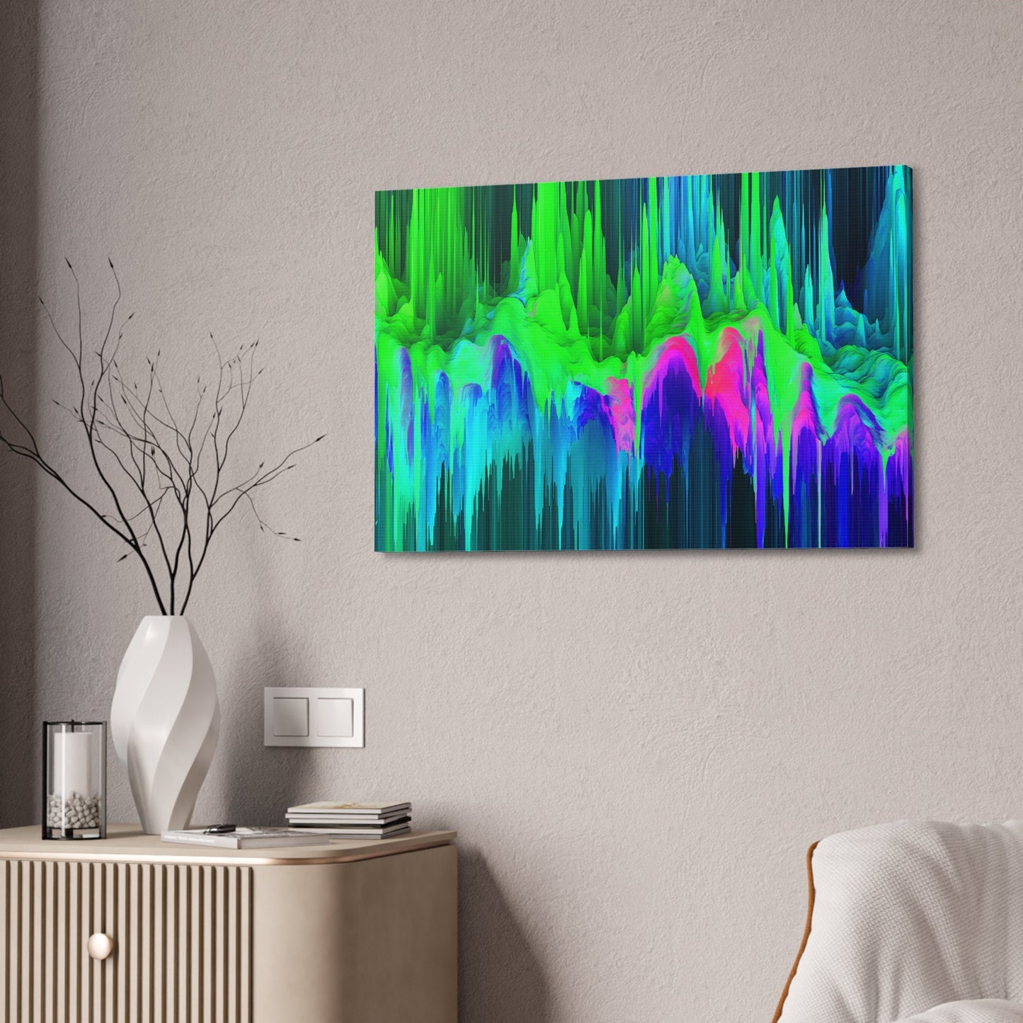 Unique College Dorm, Home or Apartment Wall Art | Green, Teal, Purple, and Pink Neon Pixel Drift Art. Ai generated.