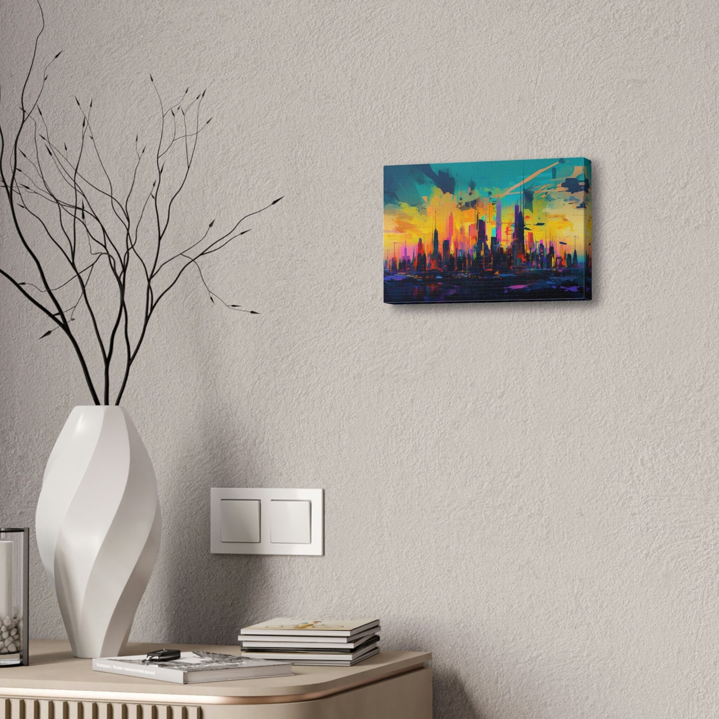 City skyline with a backdrop of bright neon colors exploding from a sunset. This impressionist style Ai Wall Art print makes an impact.