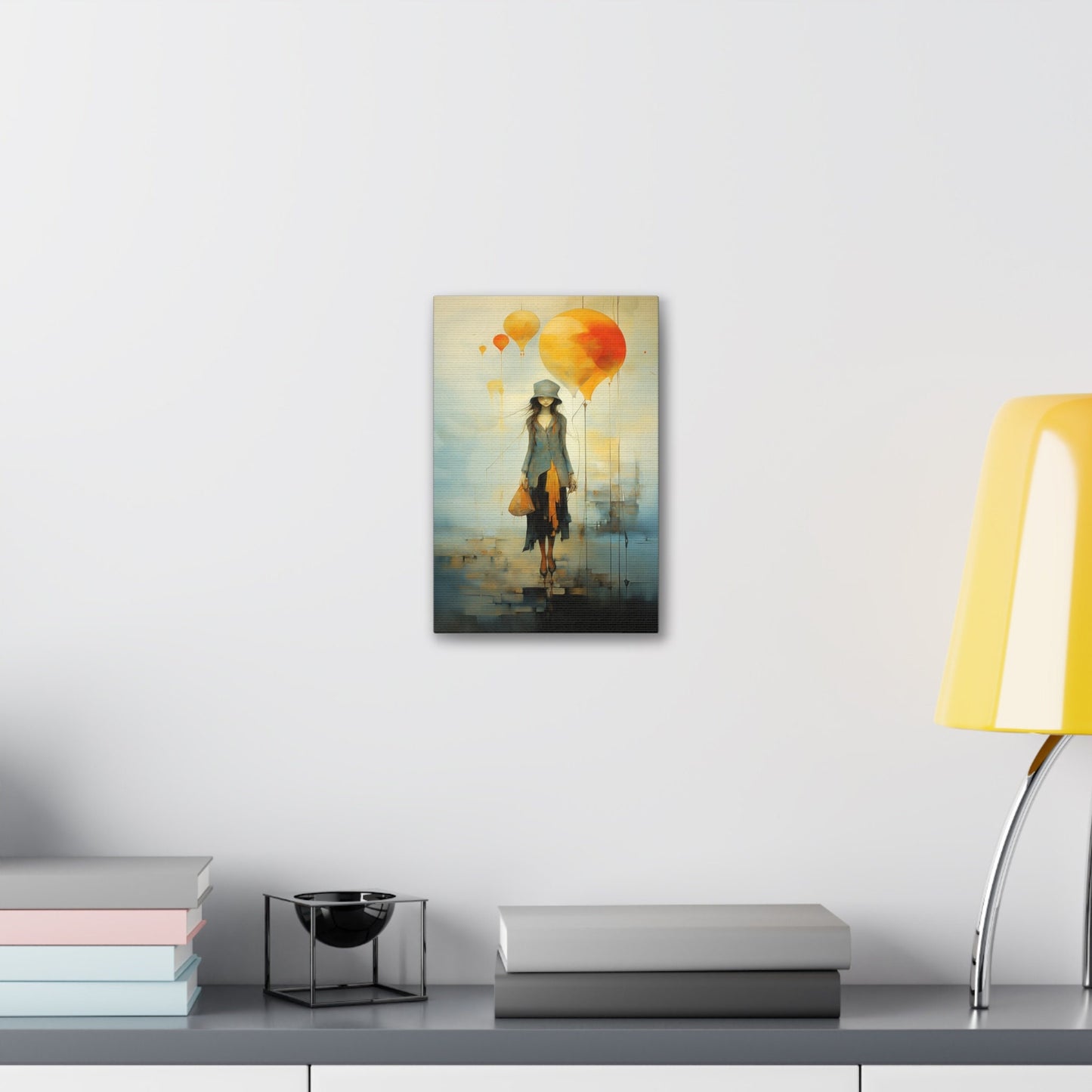 Elegant Girl with Balloons Wall Art | Whimsical and Surreal Canvas Print for Home Decor or college dorm room. Imperfect and Beautiful piece.