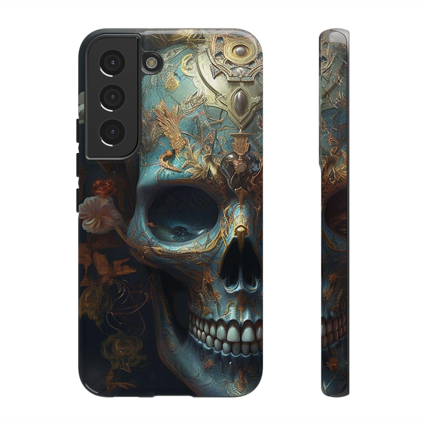 Ornate Decorated Sky Blue Skull Samsung and Google phone Tough Case | Ai Art