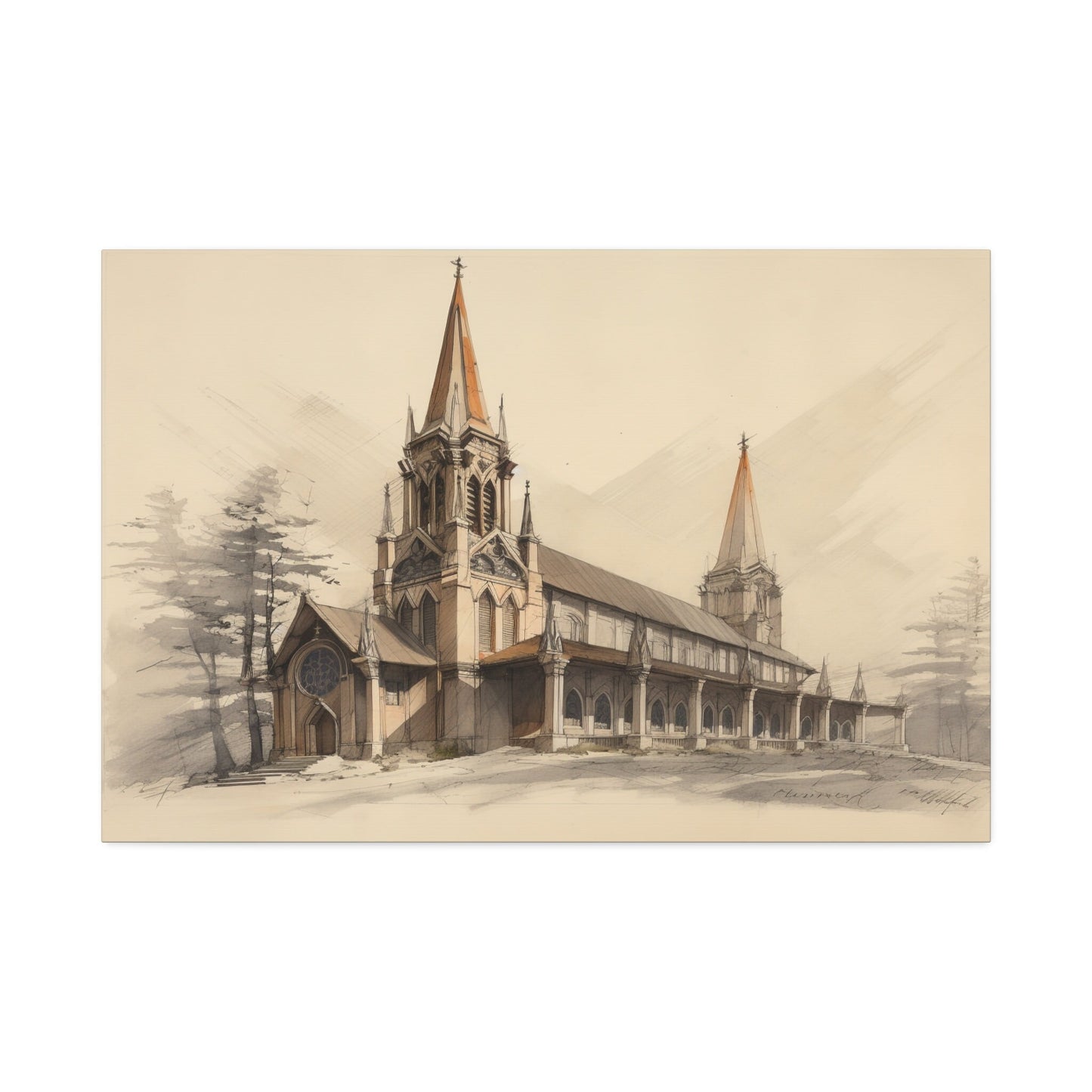 Unique wall art for college apartments or new homes | Architectural Drawing of a Church no.1 on weathered canvas | Ai Wall Art