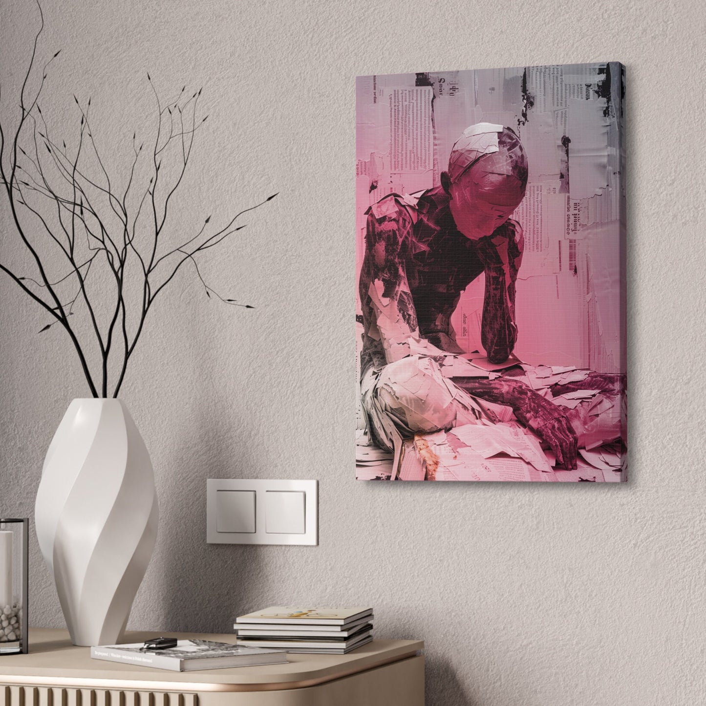 Unique Wall Art for your Home, Apartment, Dorm Room. Pink Gradient Paper Mache Boy. X-cross Applesauce. Somber. Though Provoking Art.