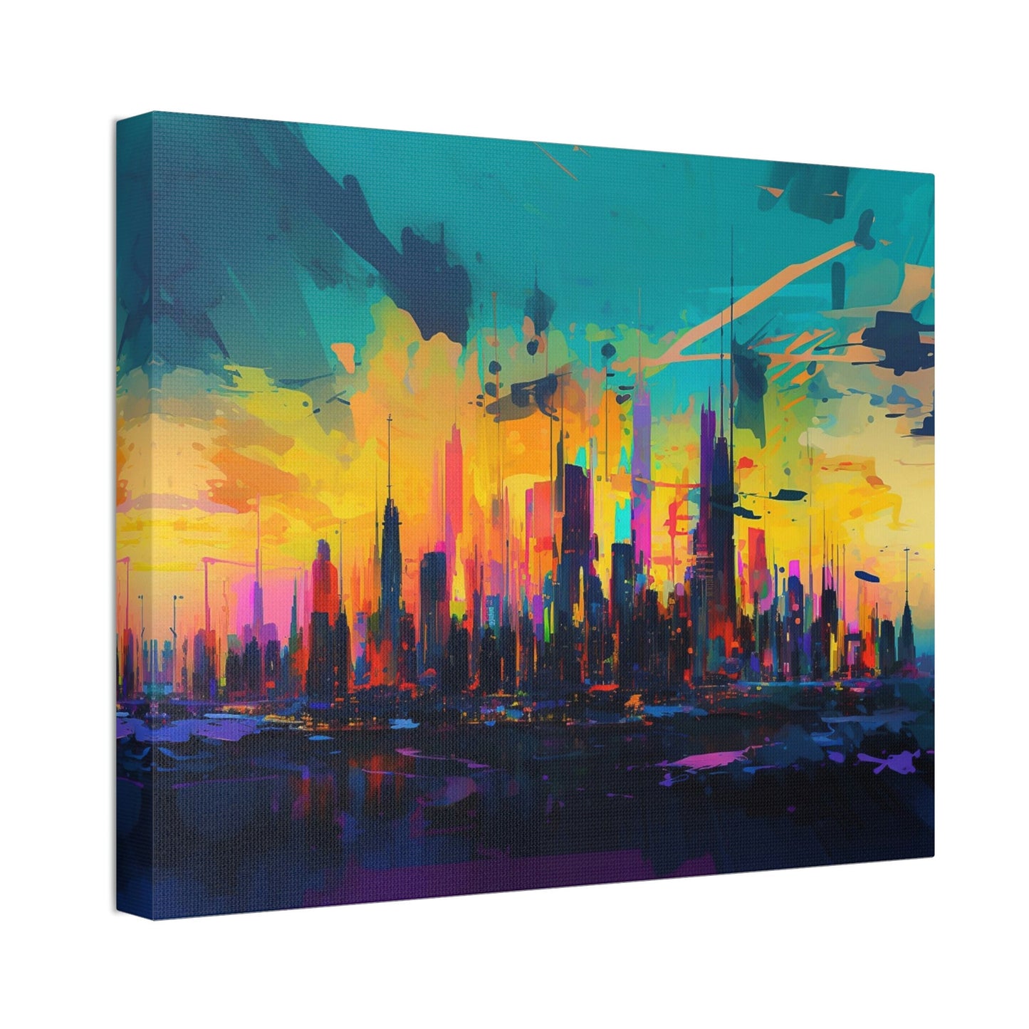 City skyline with a backdrop of bright neon colors exploding from a sunset. This impressionist style Ai Wall Art print makes an impact.