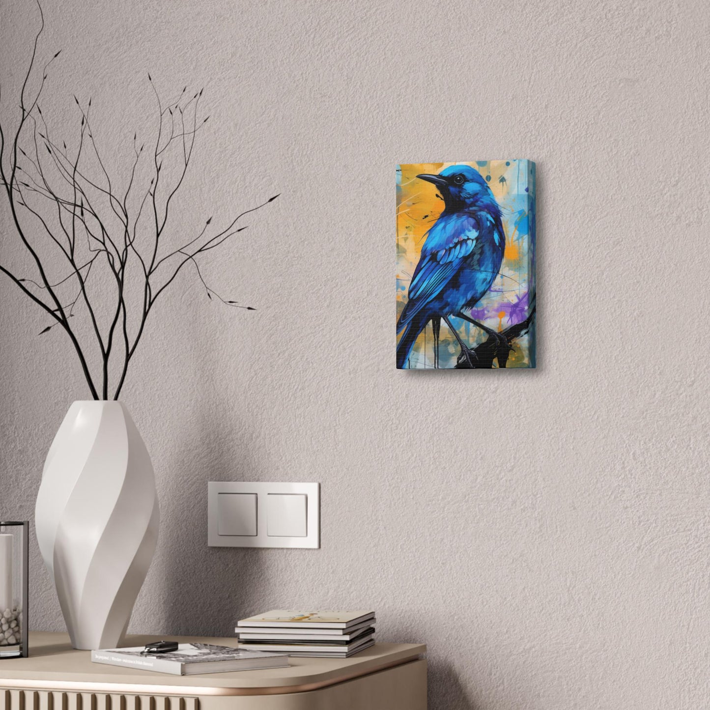 Canvas Stretched Wall Art, Blue Bird on Colorful Abstract Background, Art Print, Home Decor, Gallery Wrapped Canvas, Bird Lover Gift