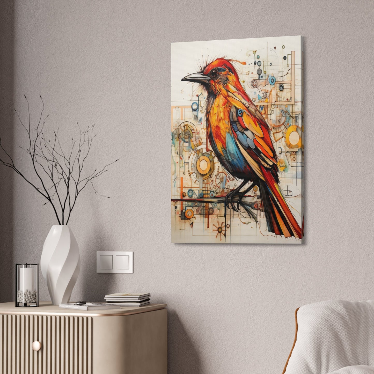 Unique College Dorm or New Apartment Wall Art | Abstract print of a Red, Orange, and Teal Bird. Ai generated digital painting.