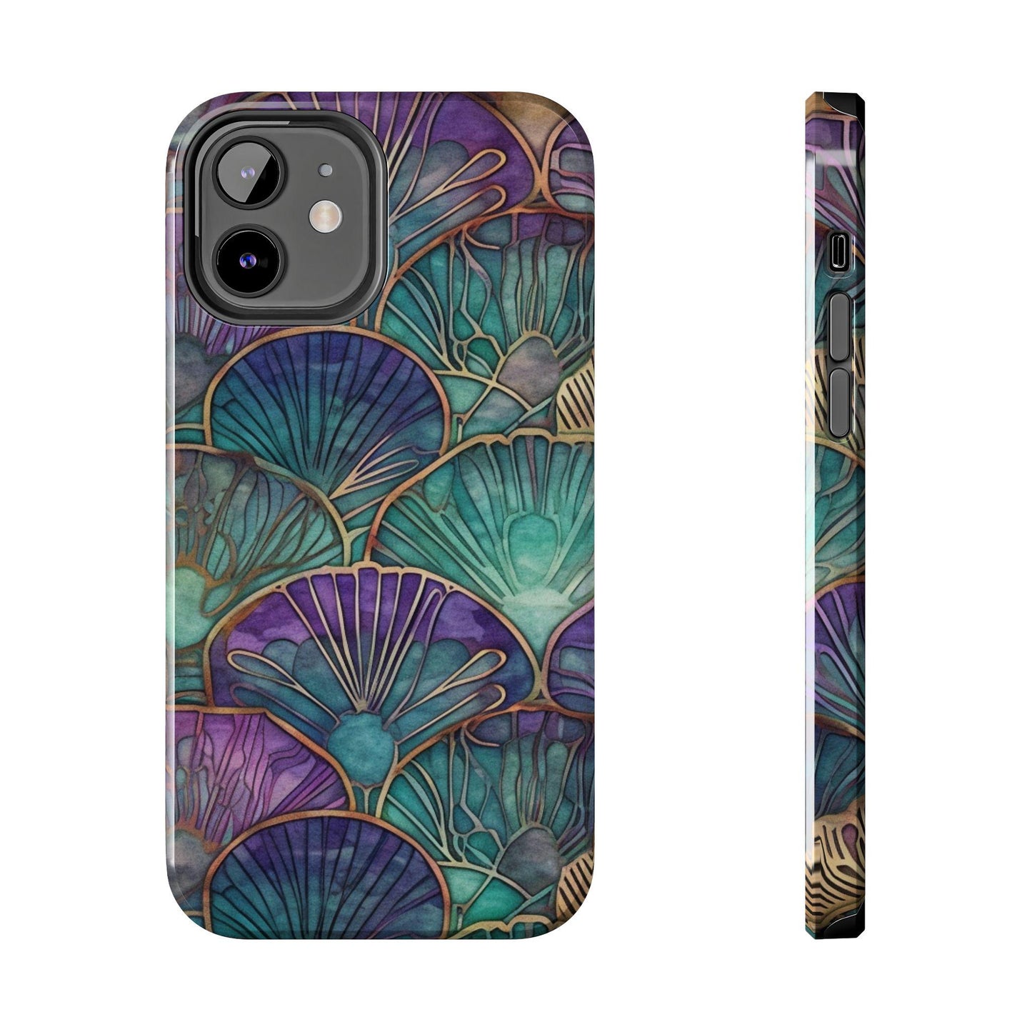 Ai Generated Art. Teal, Purple and Gold Stained Glass Shells : Tough Samsung Galaxy or iPhone Case