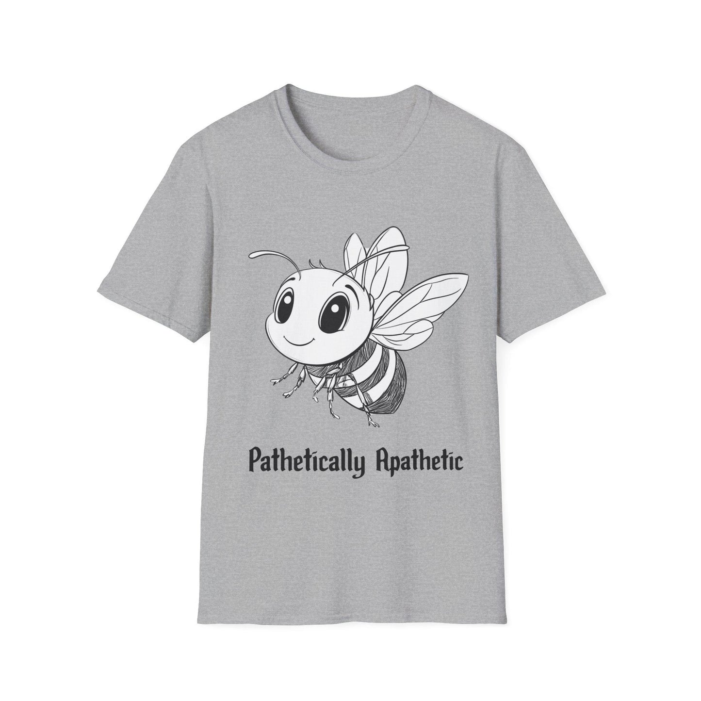 Funny Smiling Bee Unisex Softstyle T-Shirt, Cartoon Pencil, 'Pathetically Apathetic' Tee, Gift for Bee Lover, Humor Graphic Shirt