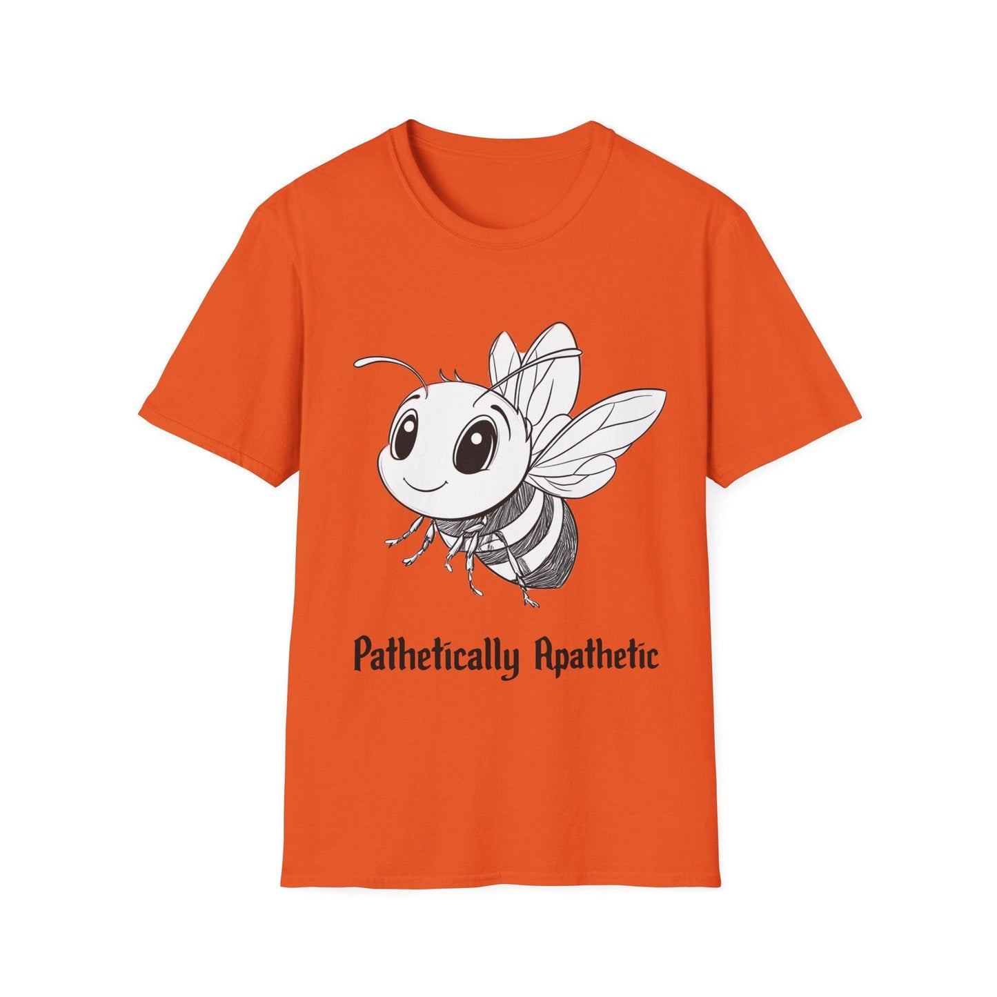 Funny Smiling Bee Unisex Softstyle T-Shirt, Cartoon Pencil, 'Pathetically Apathetic' Tee, Gift for Bee Lover, Humor Graphic Shirt