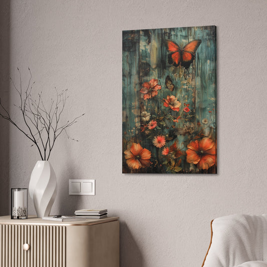 Unique Wall Art for your Home, Apartment, Dorm Room. Orange and Teal Oil paint. Flowers and butterflies. Somber. Floral artwork, vintage.