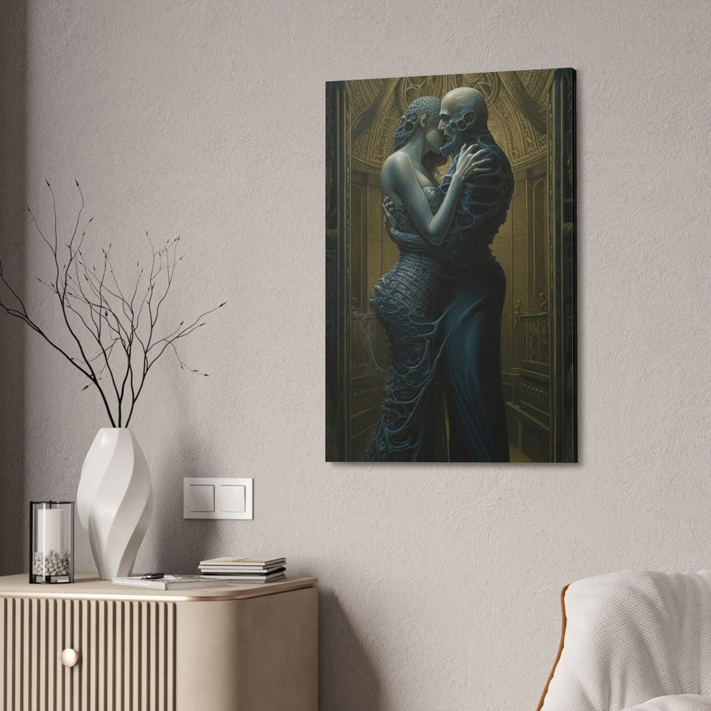 Unique wall art for college apartments or new homes | The Embrace: AI art influenced by H.R Giger and Gustav Klimt's Masterpiece, The Kiss