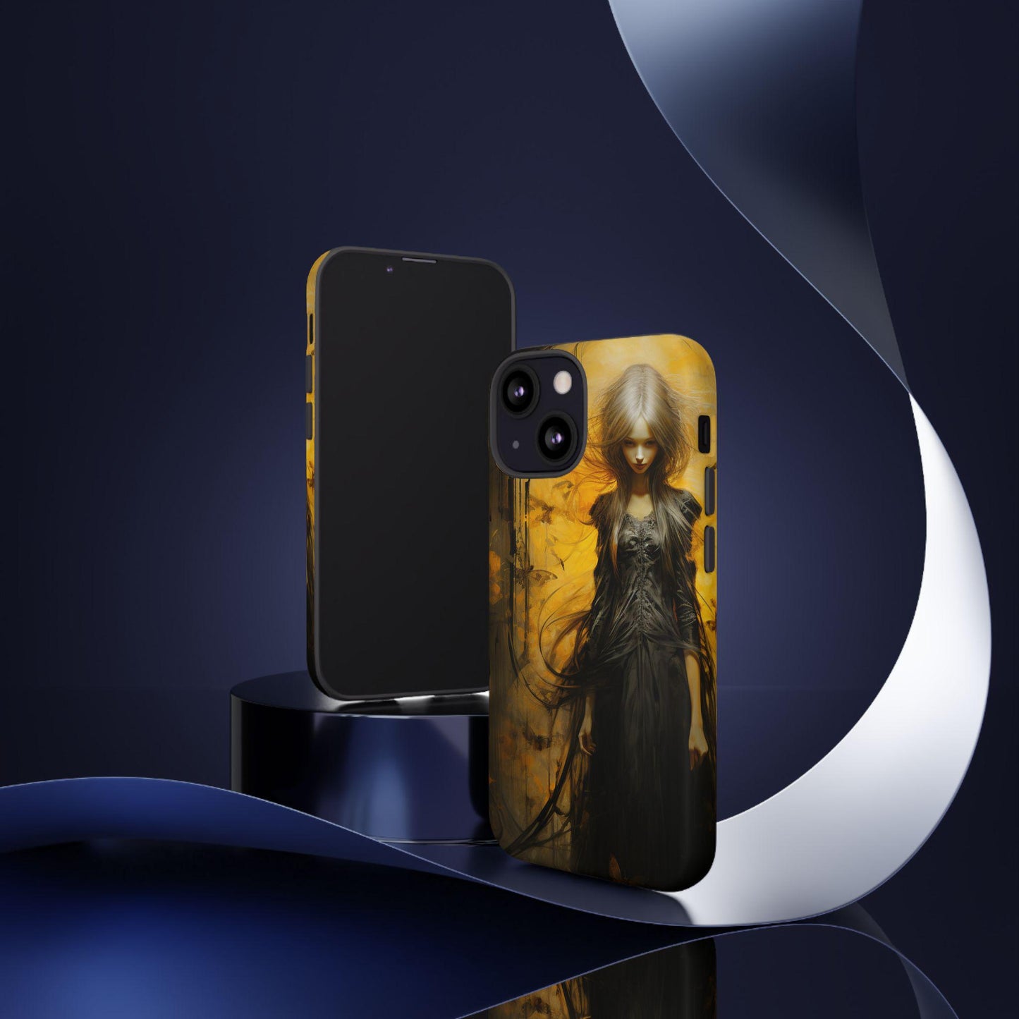 Phone Case, Creepy Girl in Black Dress Halloween Style on Yellow Gloss/Matte Cover, Spooky Gothic Design, Scary Witch Samsung/iPhone Case,