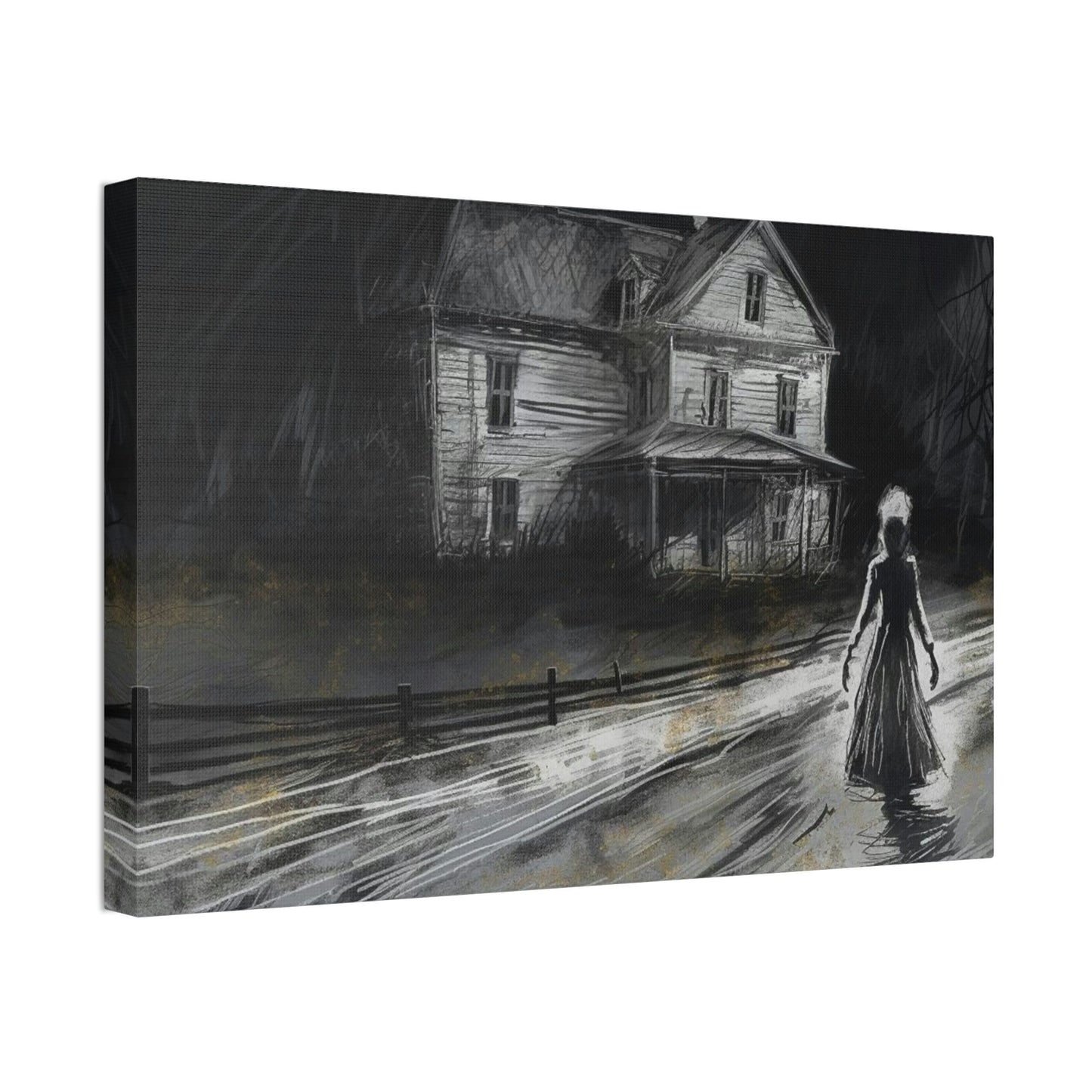 Haunting Charcoal and Pastel Sketch of a slender dark woman on a lonely path by an ominous house: AI generated ominous wall art.