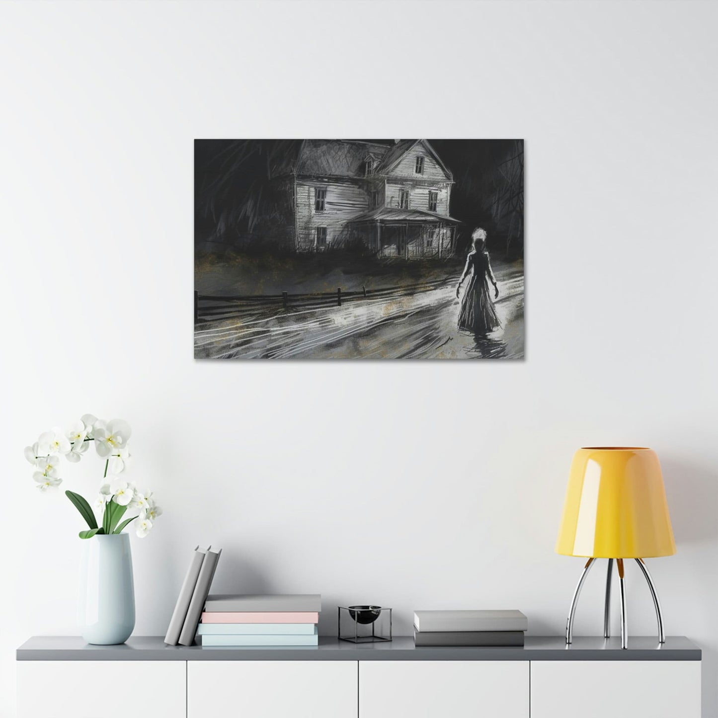 Haunting Charcoal and Pastel Sketch of a slender dark woman on a lonely path by an ominous house: AI generated ominous wall art.